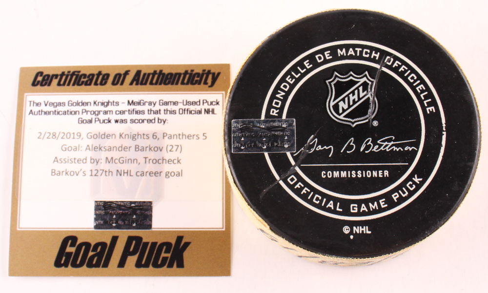 Aleksander Barkov "Golden Knights" Game-Used/Goal Scored 127th Career Goal Puck (MeiGray) at PristineAuction.com Aleksander Barkov "Golden Knights" Game-Used/Goal Scored 127th Career Goal Puck (MeiGray) at PristineAuction.com