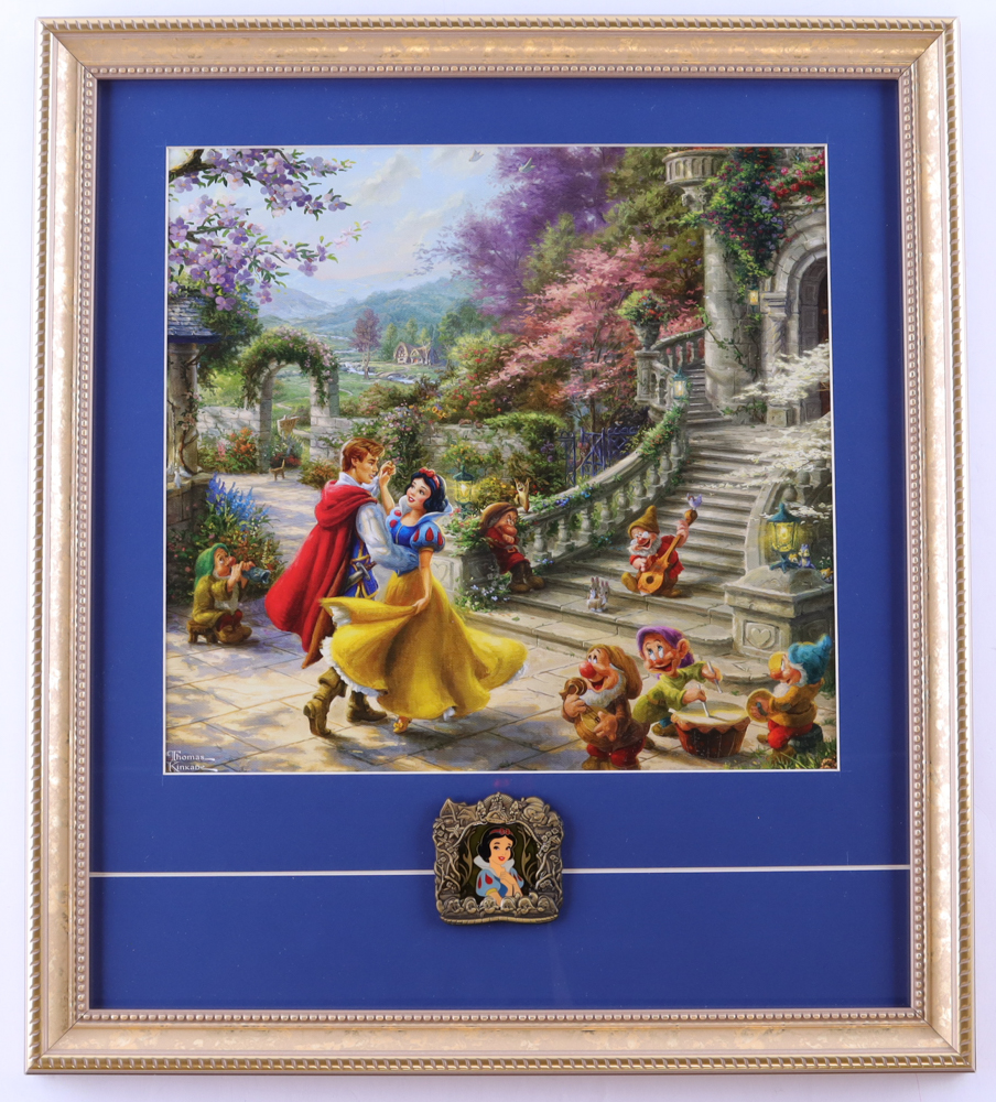 Thomas Kinkade Walt Disney's "Snow White" Custom Framed Print Display with LE Imagineer Only Stained Glass Pin at PristineAuction.com Thomas Kinkade Walt Disney's "Snow White" Custom Framed Print Display with LE Imagineer Only Stained Glass Pin at PristineAuction.com
