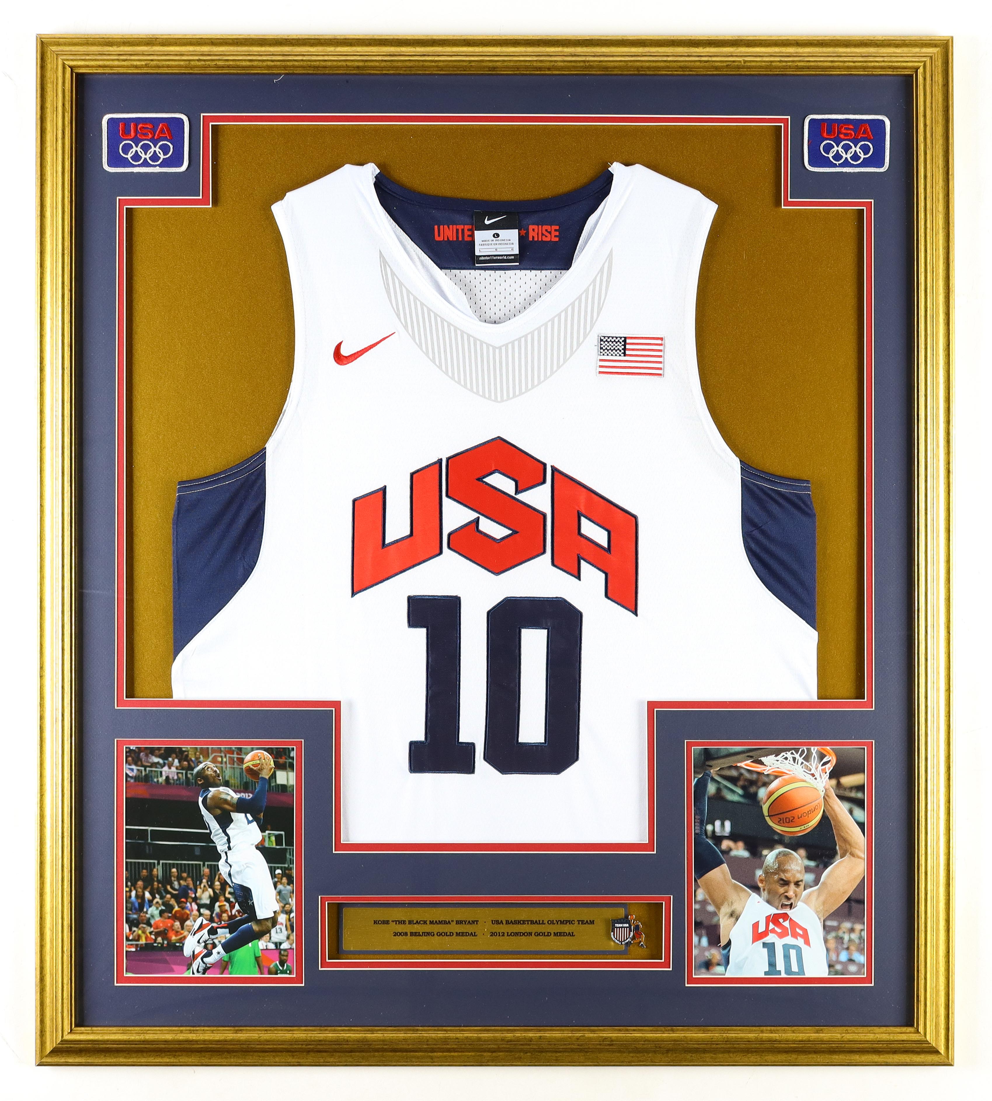 Kobe Bryant Custom Framed Jersey Display with Official Team USA Basketball Pin & (2) Cloth Logo Patches at PristineAuction.com Kobe Bryant Custom Framed Jersey Display with Official Team USA Basketball Pin & (2) Cloth Logo Patches at PristineAuction.com