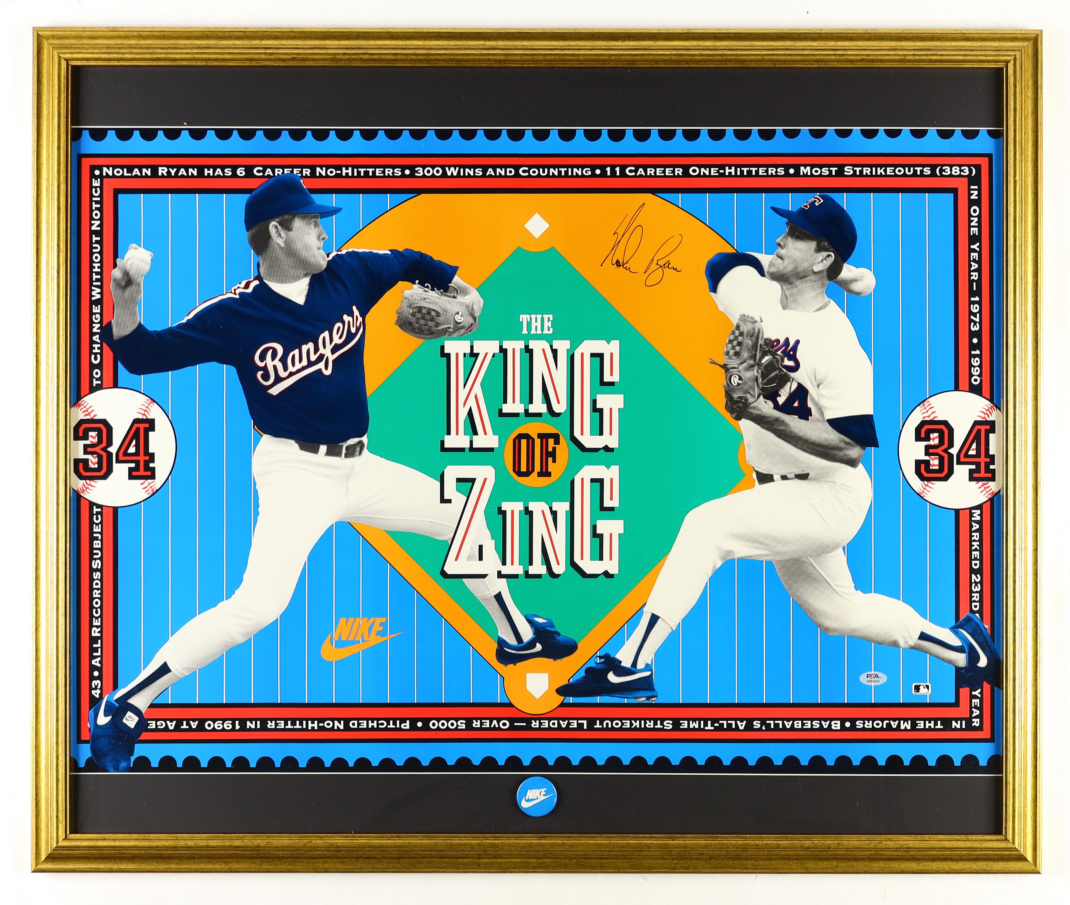 Nolan Ryan Signed "The King OF Zing" Custom Framed Nike Poster Display With Vintage Nike Pin (PSA) at PristineAuction.com Nolan Ryan Signed "The King OF Zing" Custom Framed Nike Poster Display With Vintage Nike Pin (PSA) at PristineAuction.com