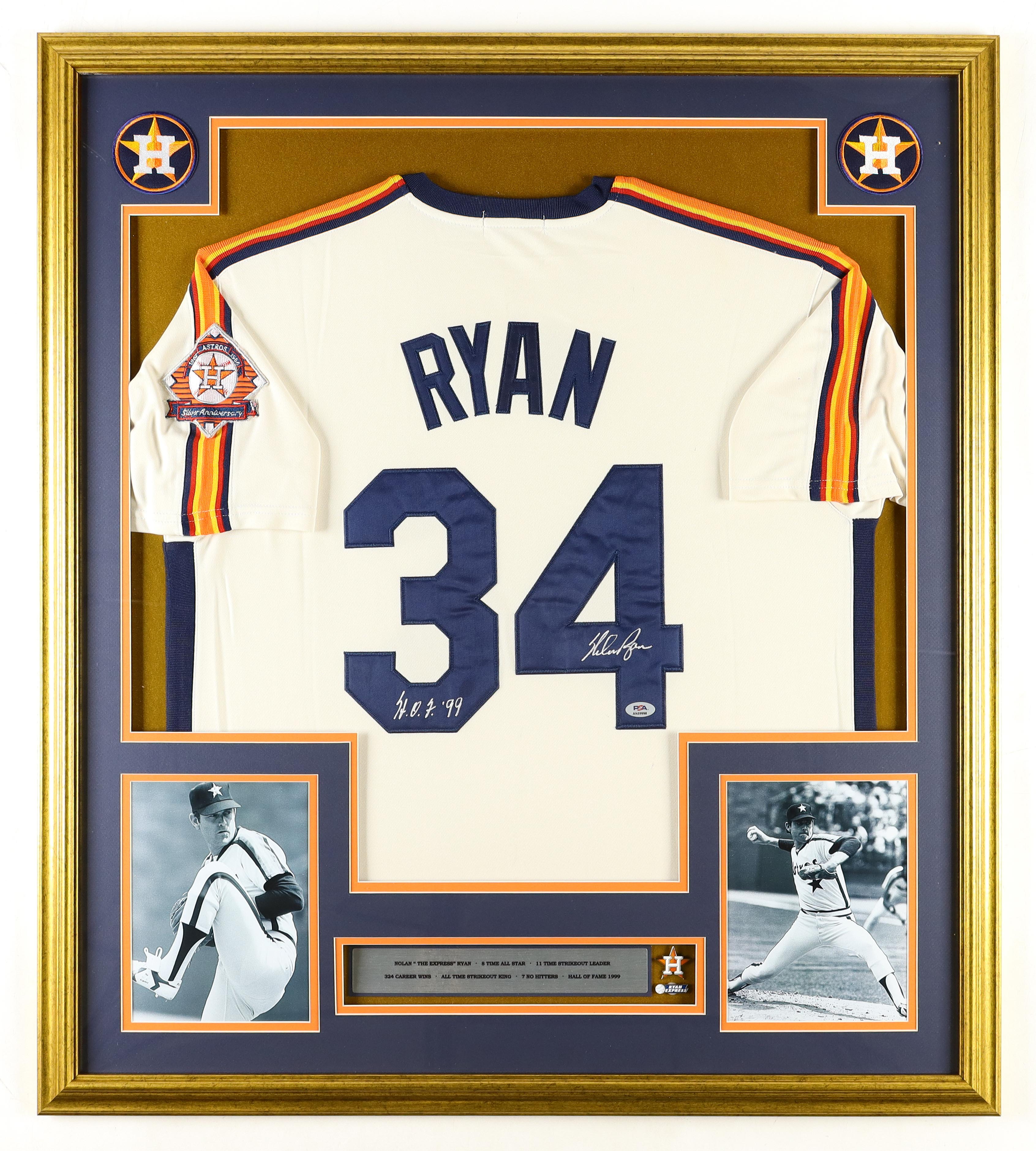 Nolan Ryan Signed Custom Framed 1986 Throwback Jersey Display Inscribed "HOF 99" With Astros Logo & "Ryan Express" Pin (PSA) at PristineAuction.com Nolan Ryan Signed Custom Framed 1986 Throwback Jersey Display Inscribed "HOF 99" With Astros Logo & "Ryan Express" Pin (PSA) at PristineAuction.com
