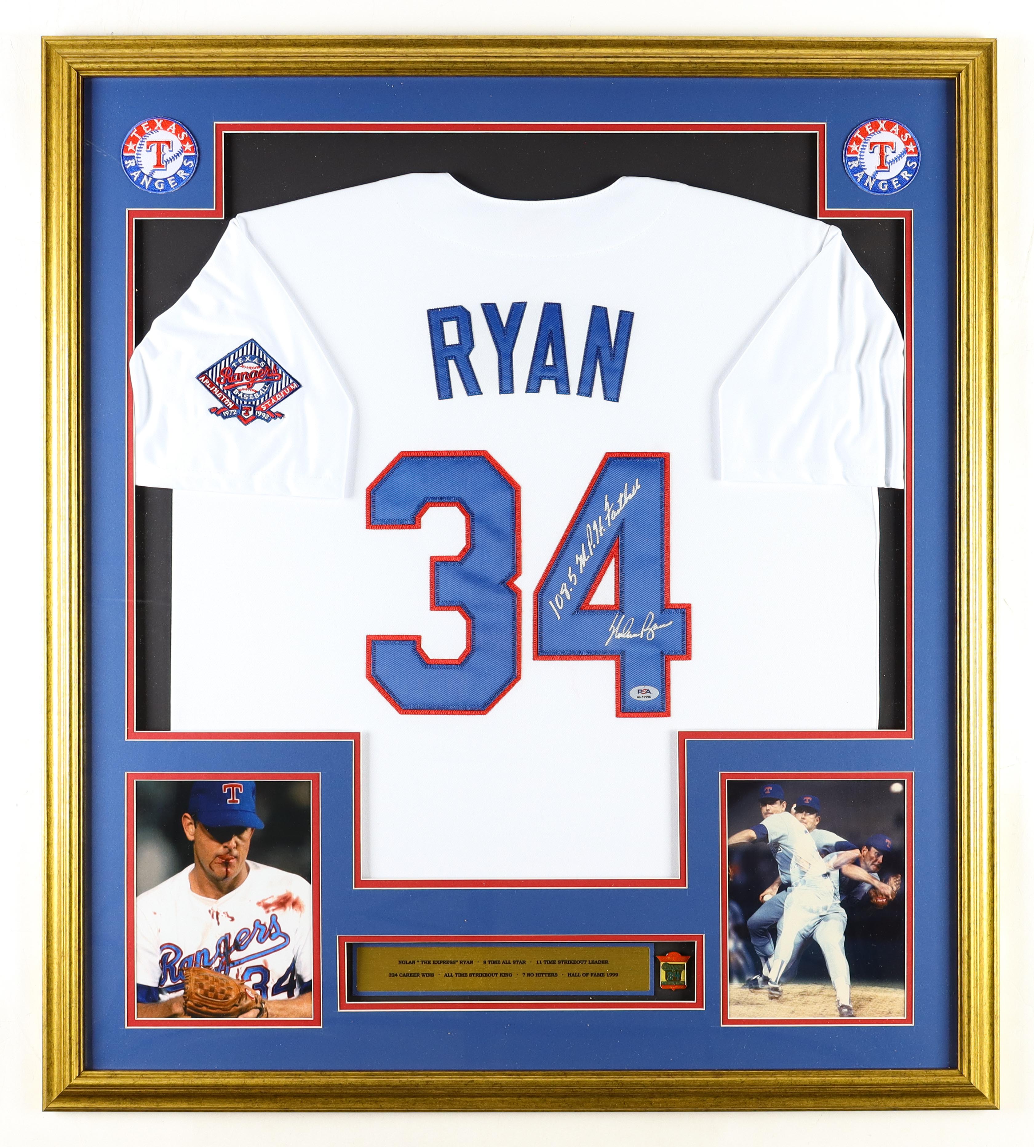 Nolan Ryan Signed Rangers Custom Framed Jersey Display with Jersey Retirement Pin & (2) Cloth Team Logo Patches Inscribed "H.O.F. '99" (PSA) at PristineAuction.com Nolan Ryan Signed Rangers Custom Framed Jersey Display with Jersey Retirement Pin & (2) Cloth Team Logo Patches Inscribed "H.O.F. '99" (PSA) at PristineAuction.com