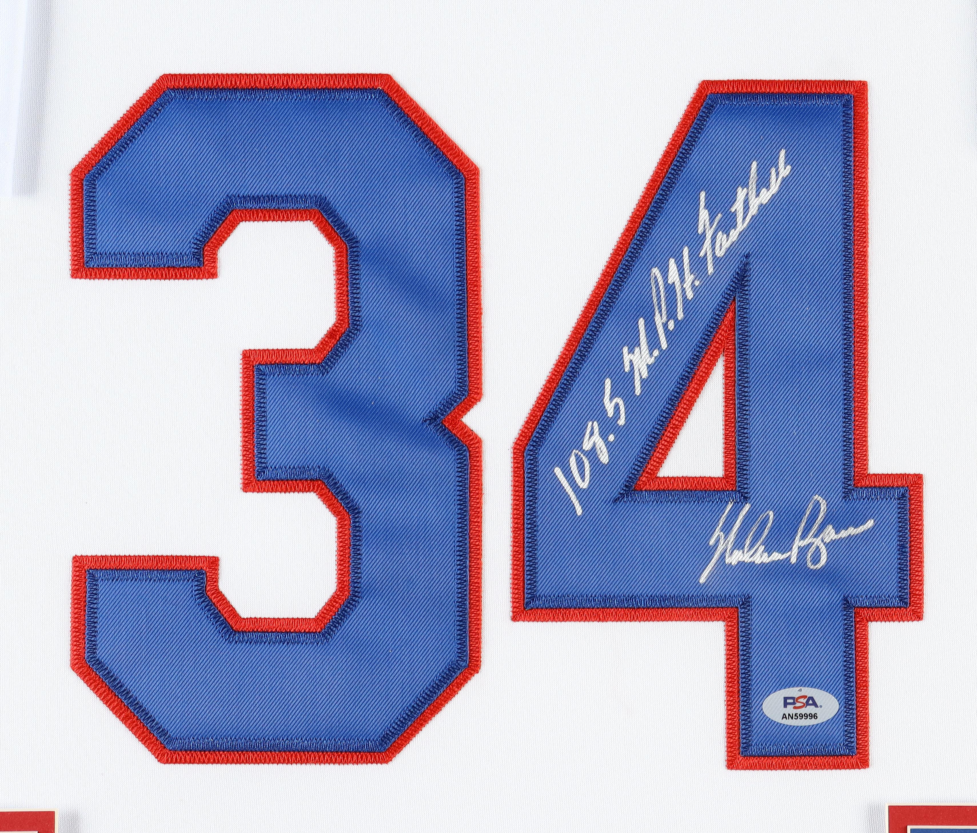 Nolan Ryan Signed Rangers Custom Framed Jersey Display with Jersey Retirement Pin & (2) Cloth Team Logo Patches Inscribed "H.O.F. '99" (PSA) at PristineAuction.com Nolan Ryan Signed Rangers Custom Framed Jersey Display with Jersey Retirement Pin & (2) Cloth Team Logo Patches Inscribed "H.O.F. '99" (PSA) at PristineAuction.com