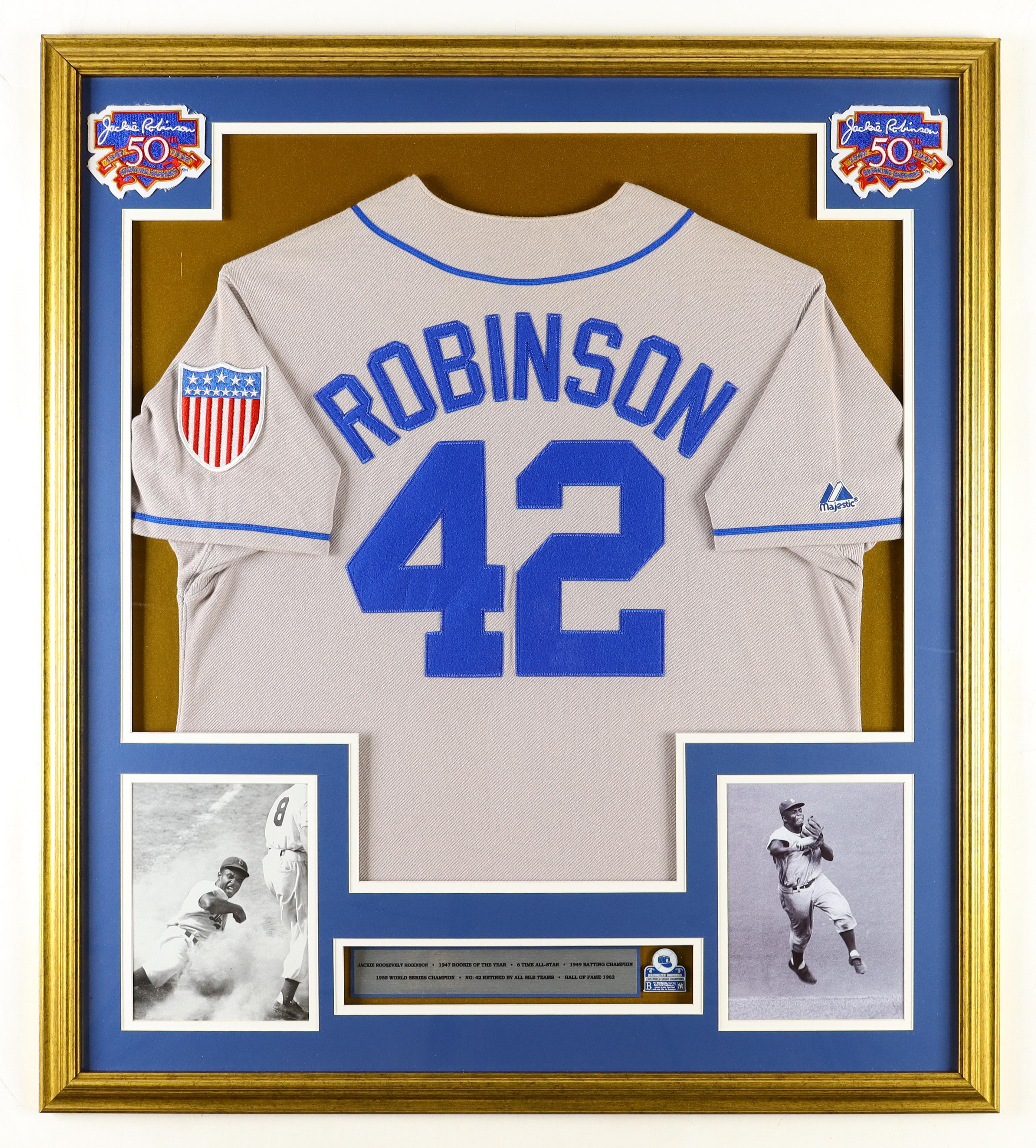Jackie Robinson Custom Framed Jersey Display with 1955 World Championship Patch & Pin at PristineAuction.com Jackie Robinson Custom Framed Jersey Display with 1955 World Championship Patch & Pin at PristineAuction.com