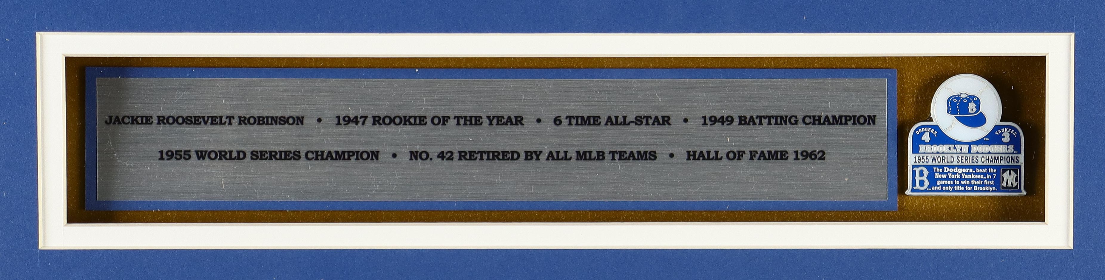 Jackie Robinson Custom Framed Jersey Display with 1955 World Championship Patch & Pin at PristineAuction.com Jackie Robinson Custom Framed Jersey Display with 1955 World Championship Patch & Pin at PristineAuction.com