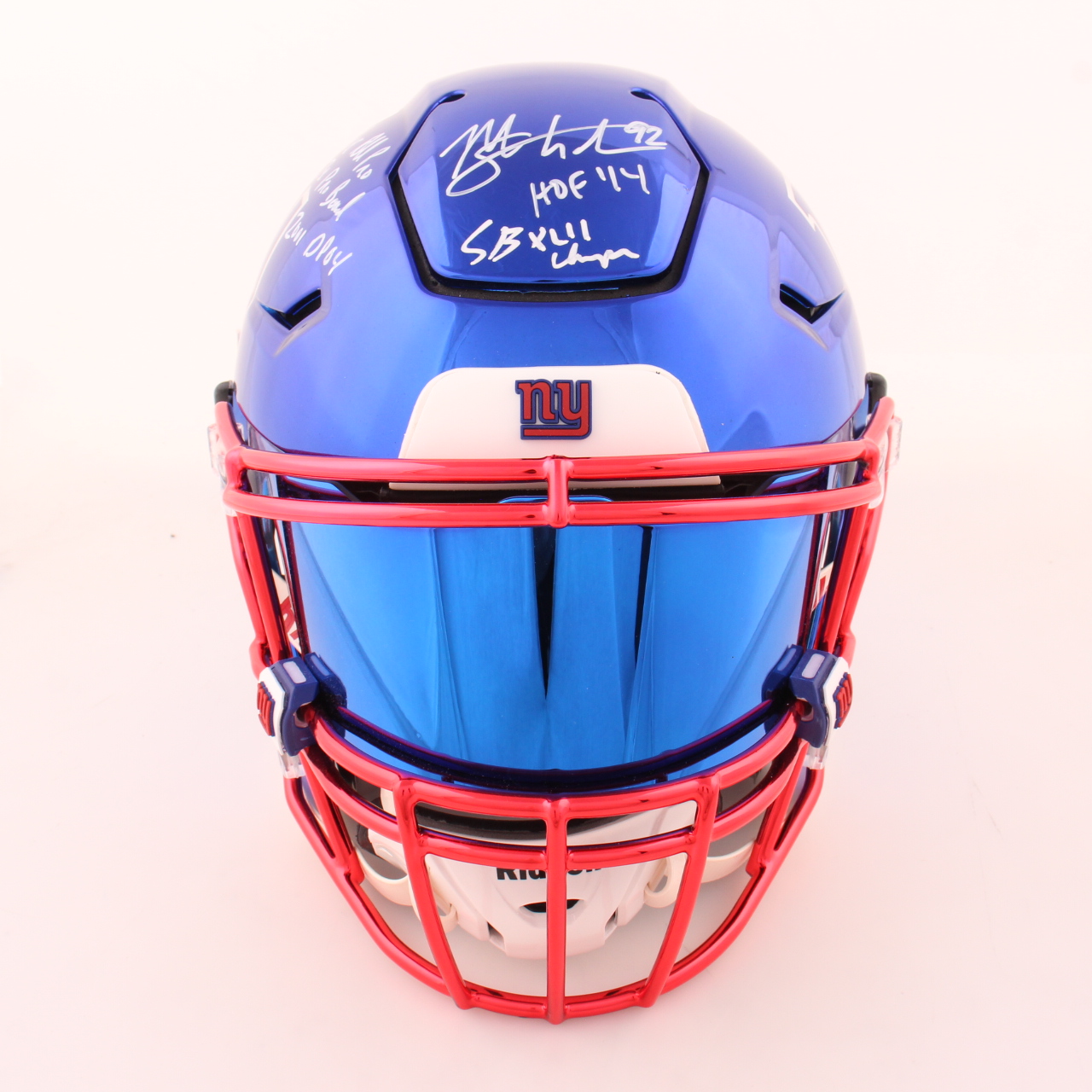 Michael Strahan Signed Giants Full-Size Authentic On-Field Chrome Alternate SpeedFlex Helmet with Custom Visor With Multiple Inscriptions (Beckett) at PristineAuction.com Michael Strahan Signed Giants Full-Size Authentic On-Field Chrome Alternate SpeedFlex Helmet with Custom Visor With Multiple Inscriptions (Beckett) at PristineAuction.com