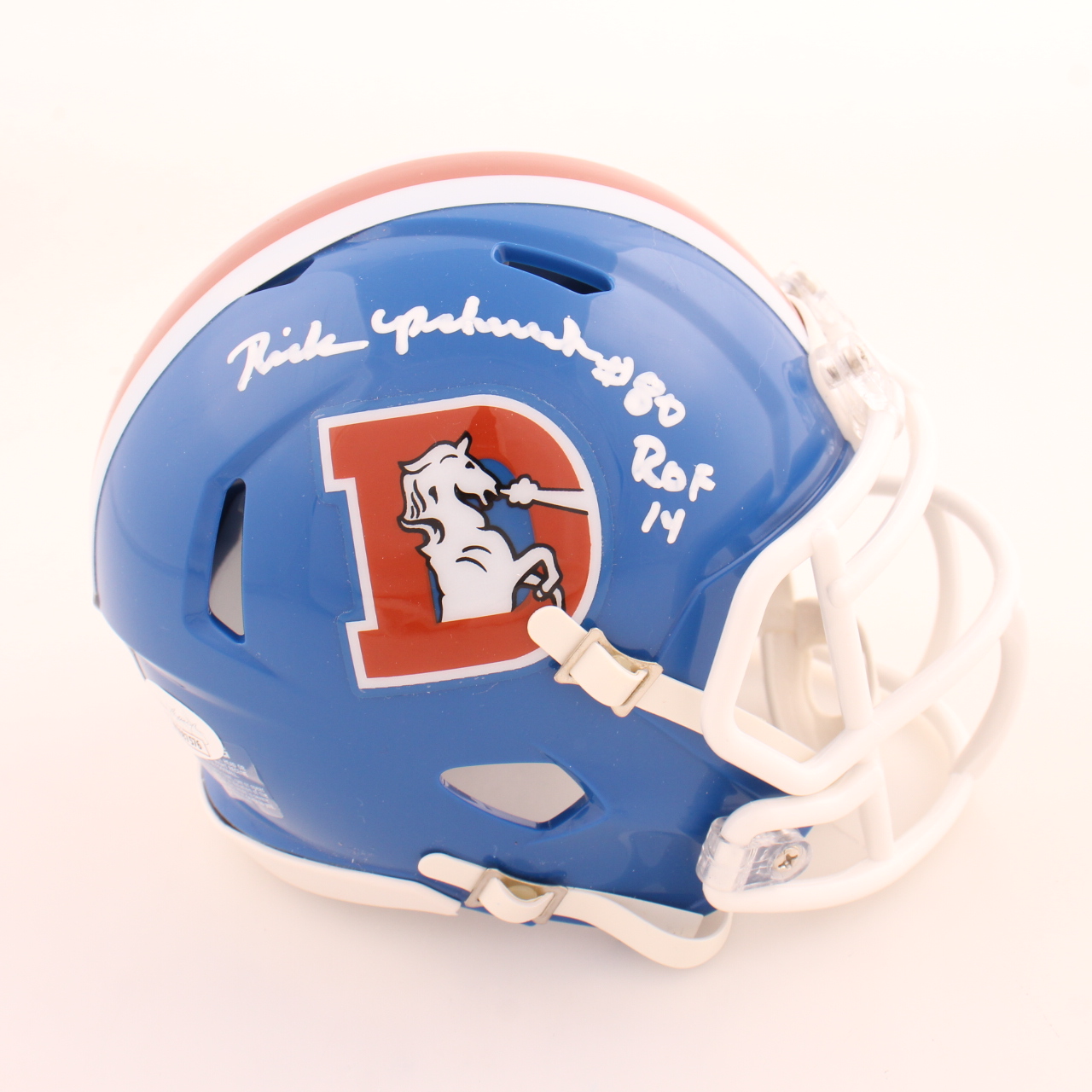 Rick Upchurch Signed Broncos Speed Mini Helmet Inscribed "ROF 14" (JSA) at PristineAuction.com Rick Upchurch Signed Broncos Speed Mini Helmet Inscribed "ROF 14" (JSA) at PristineAuction.com
