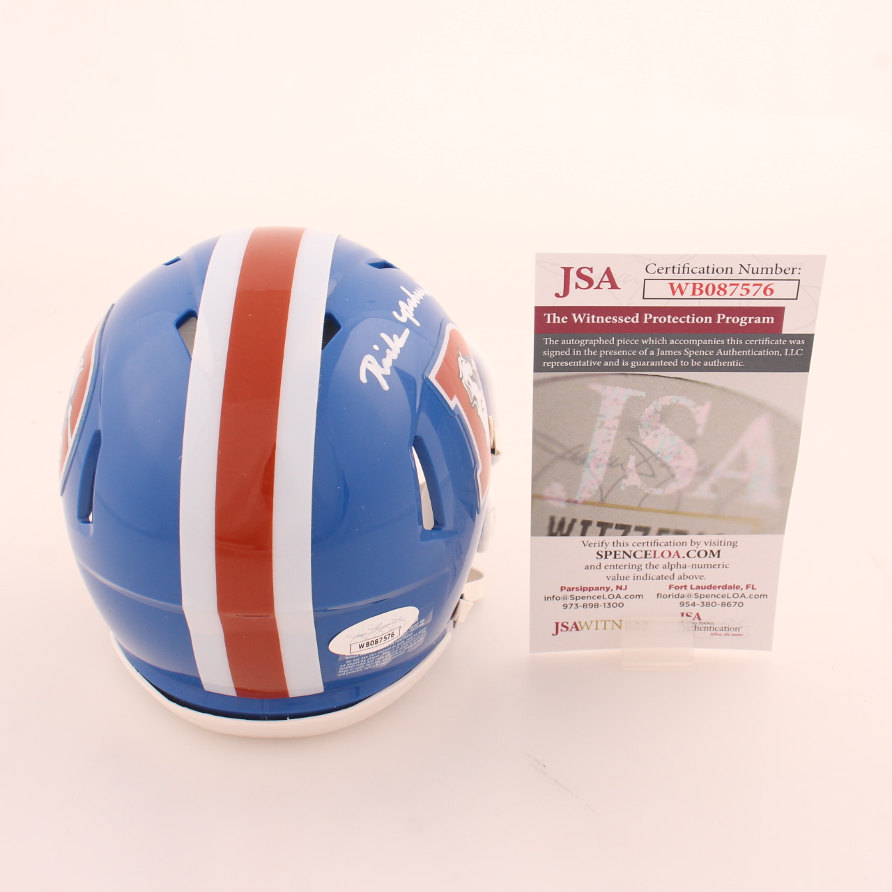 Rick Upchurch Signed Broncos Speed Mini Helmet Inscribed "ROF 14" (JSA) at PristineAuction.com Rick Upchurch Signed Broncos Speed Mini Helmet Inscribed "ROF 14" (JSA) at PristineAuction.com
