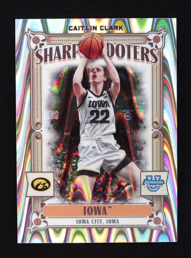 Caitlin Clark 2023-24 Bowman Chrome University Sharp Shooters RayWave Refractors #SS15 RC #112/150 at PristineAuction.com Caitlin Clark 2023-24 Bowman Chrome University Sharp Shooters RayWave Refractors #SS15 RC #112/150 at PristineAuction.com