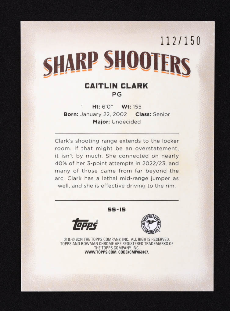 Caitlin Clark 2023-24 Bowman Chrome University Sharp Shooters RayWave Refractors #SS15 RC #112/150 at PristineAuction.com Caitlin Clark 2023-24 Bowman Chrome University Sharp Shooters RayWave Refractors #SS15 RC #112/150 at PristineAuction.com