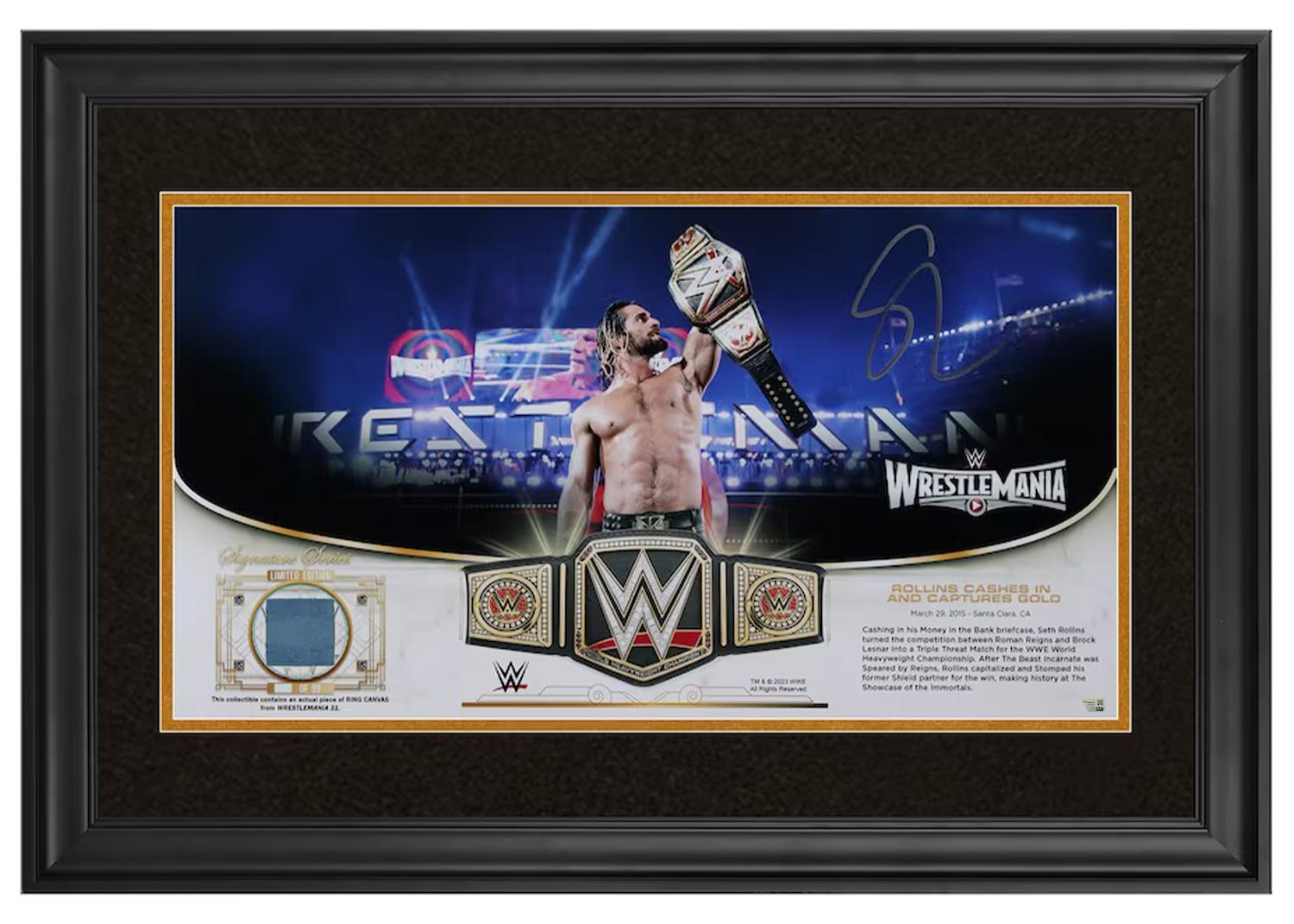 Seth Rollins Signed LE WWE Custom Framed Photo Display with Match-Used Canvas Piece (Fanatics) at PristineAuction.com Seth Rollins Signed LE WWE Custom Framed Photo Display with Match-Used Canvas Piece (Fanatics) at PristineAuction.com