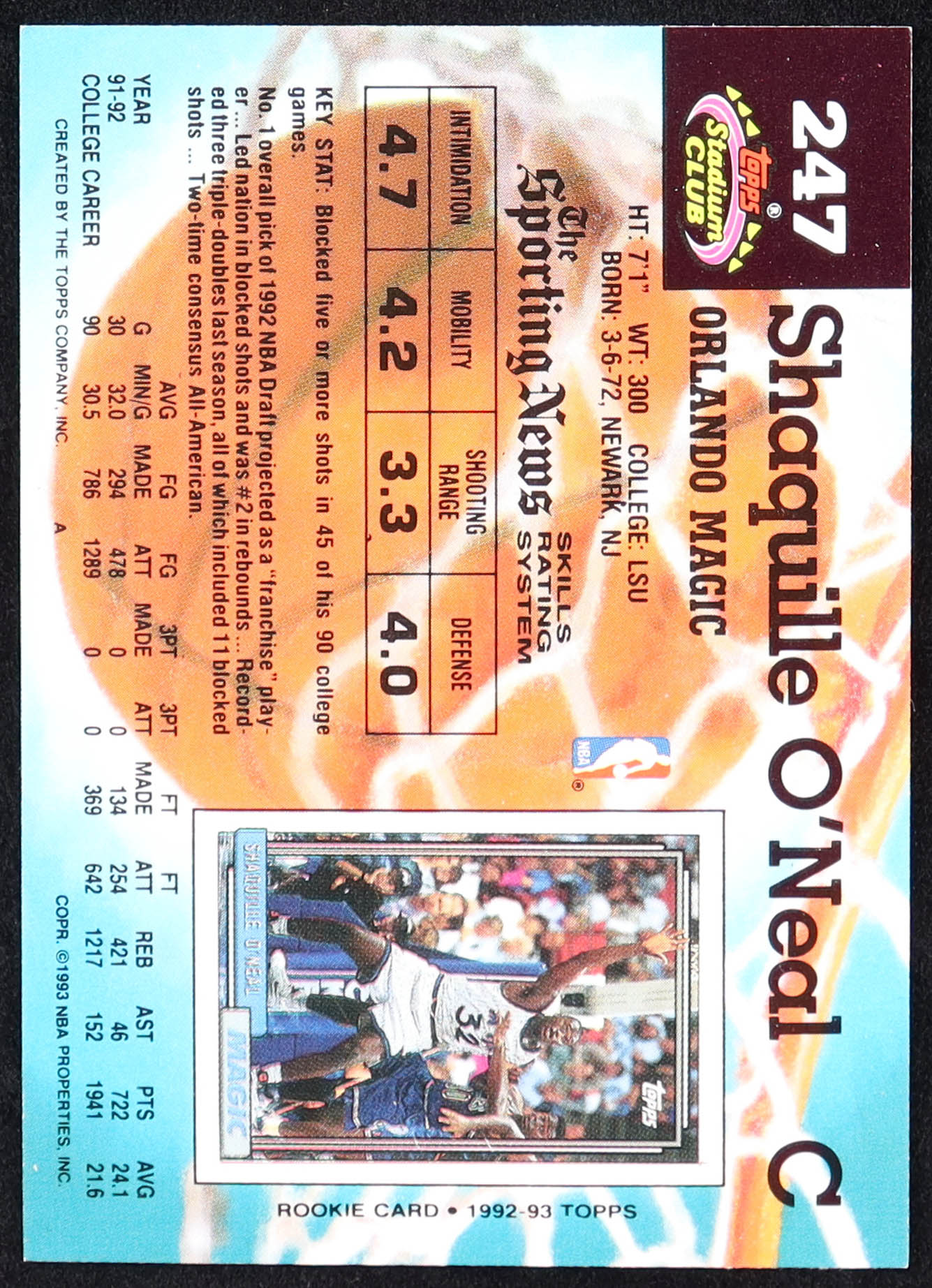 Shaquille O'Neal 1992-93 Stadium Club #247 RC at PristineAuction.com Shaquille O'Neal 1992-93 Stadium Club #247 RC at PristineAuction.com