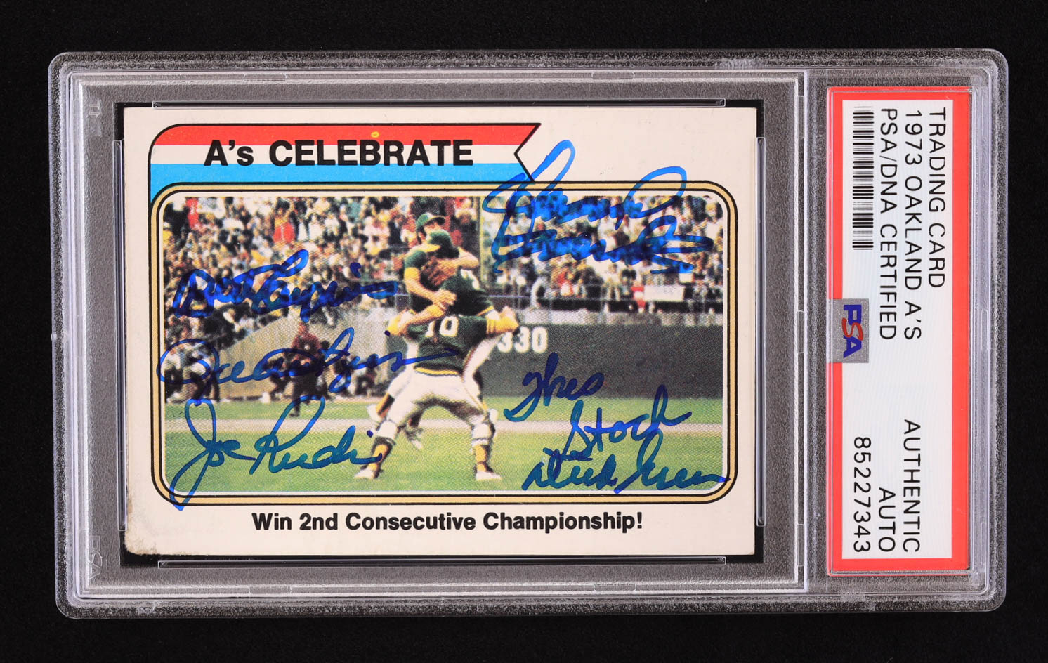 1974 Topps #479 World Series Summary / A's Celebrate Team-Signed by (6) with Rollie Fingers, Bert Campaneris, Dick Green, Darold Knowles (PSA) at PristineAuction.com 1974 Topps #479 World Series Summary / A's Celebrate Team-Signed by (6) with Rollie Fingers, Bert Campaneris, Dick Green, Darold Knowles (PSA) at PristineAuction.com