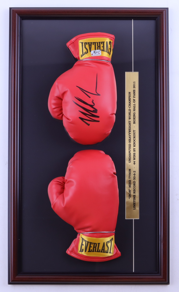 Mike Tyson Signed Custom Framed Everlast Glove Set with Tyson Career Stats Plaque (Tyson) at PristineAuction.com Mike Tyson Signed Custom Framed Everlast Glove Set with Tyson Career Stats Plaque (Tyson) at PristineAuction.com