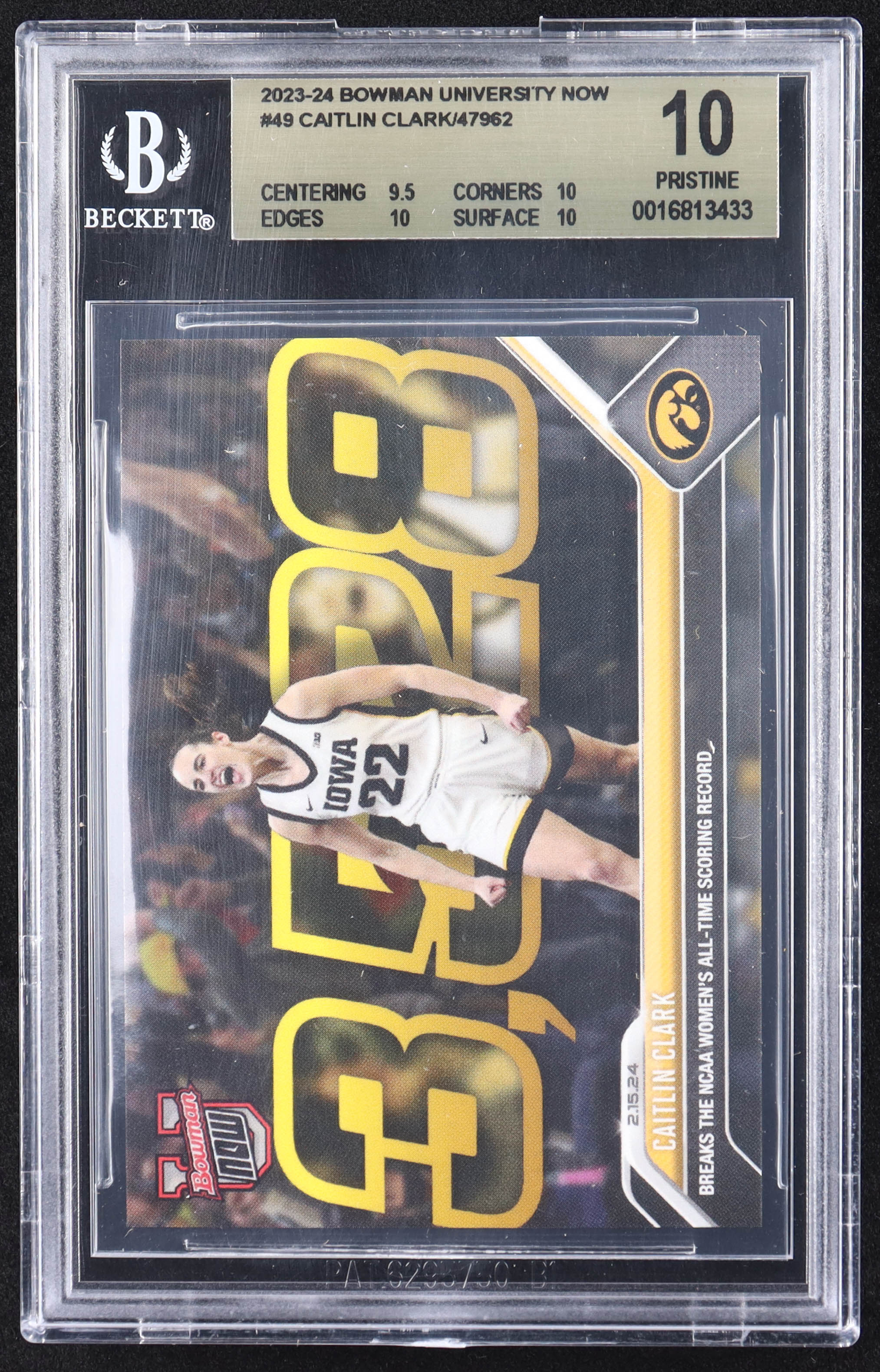 Caitlin Clark 2023-24 Bowman University Now #49 RC (BGS 10) at PristineAuction.com Caitlin Clark 2023-24 Bowman University Now #49 RC (BGS 10) at PristineAuction.com