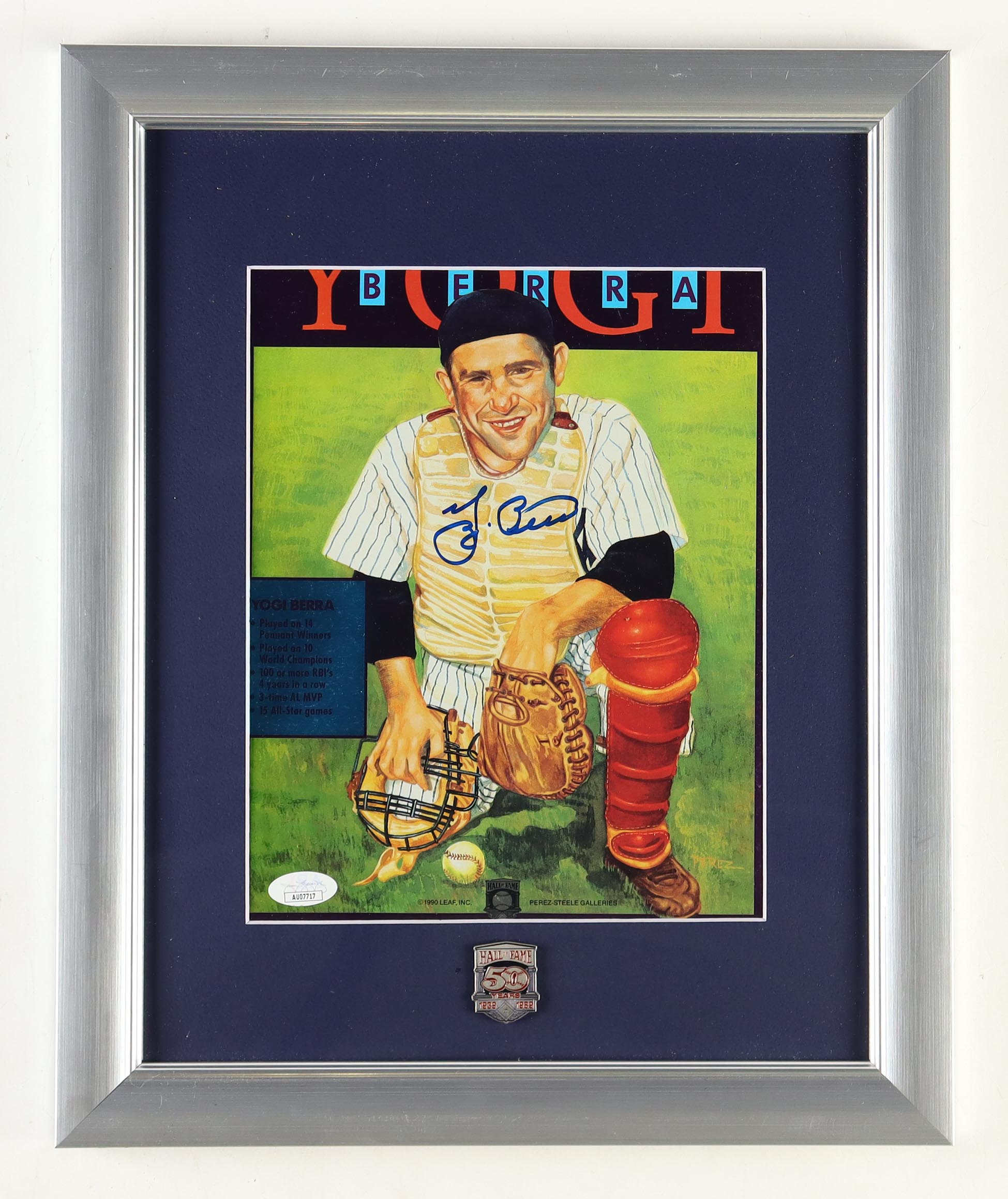 Yogi Berra Signed Yankees Custom Framed 1990 Leaf Hall Of Fame Art Print Display With Hall Of Fame Anniversary Pin (JSA) at PristineAuction.com Yogi Berra Signed Yankees Custom Framed 1990 Leaf Hall Of Fame Art Print Display With Hall Of Fame Anniversary Pin (JSA) at PristineAuction.com