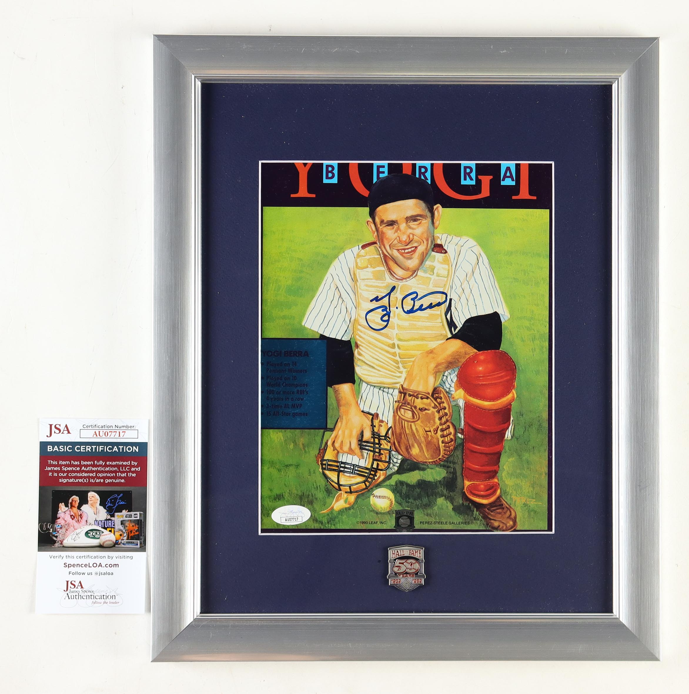 Yogi Berra Signed Yankees Custom Framed 1990 Leaf Hall Of Fame Art Print Display With Hall Of Fame Anniversary Pin (JSA) at PristineAuction.com Yogi Berra Signed Yankees Custom Framed 1990 Leaf Hall Of Fame Art Print Display With Hall Of Fame Anniversary Pin (JSA) at PristineAuction.com