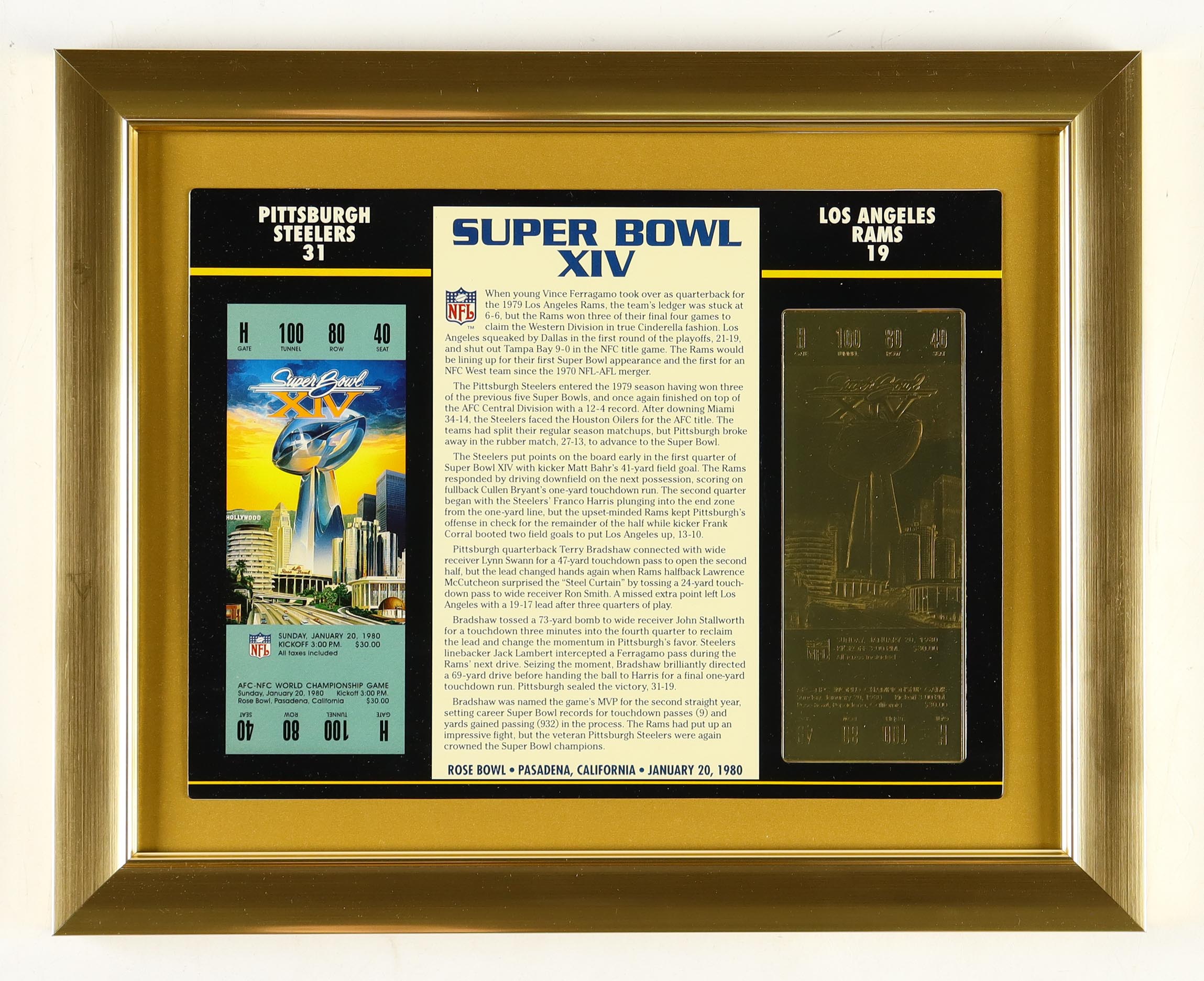 Super Bowl XIV Commemorative Custom Framed Score Card Display with 22KT Gold Ticket at PristineAuction.com Super Bowl XIV Commemorative Custom Framed Score Card Display with 22KT Gold Ticket at PristineAuction.com