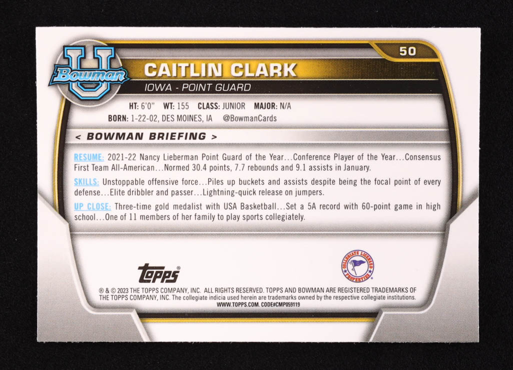 Caitlin Clark 2022-23 Bowman Chrome University #50 RC at PristineAuction.com Caitlin Clark 2022-23 Bowman Chrome University #50 RC at PristineAuction.com