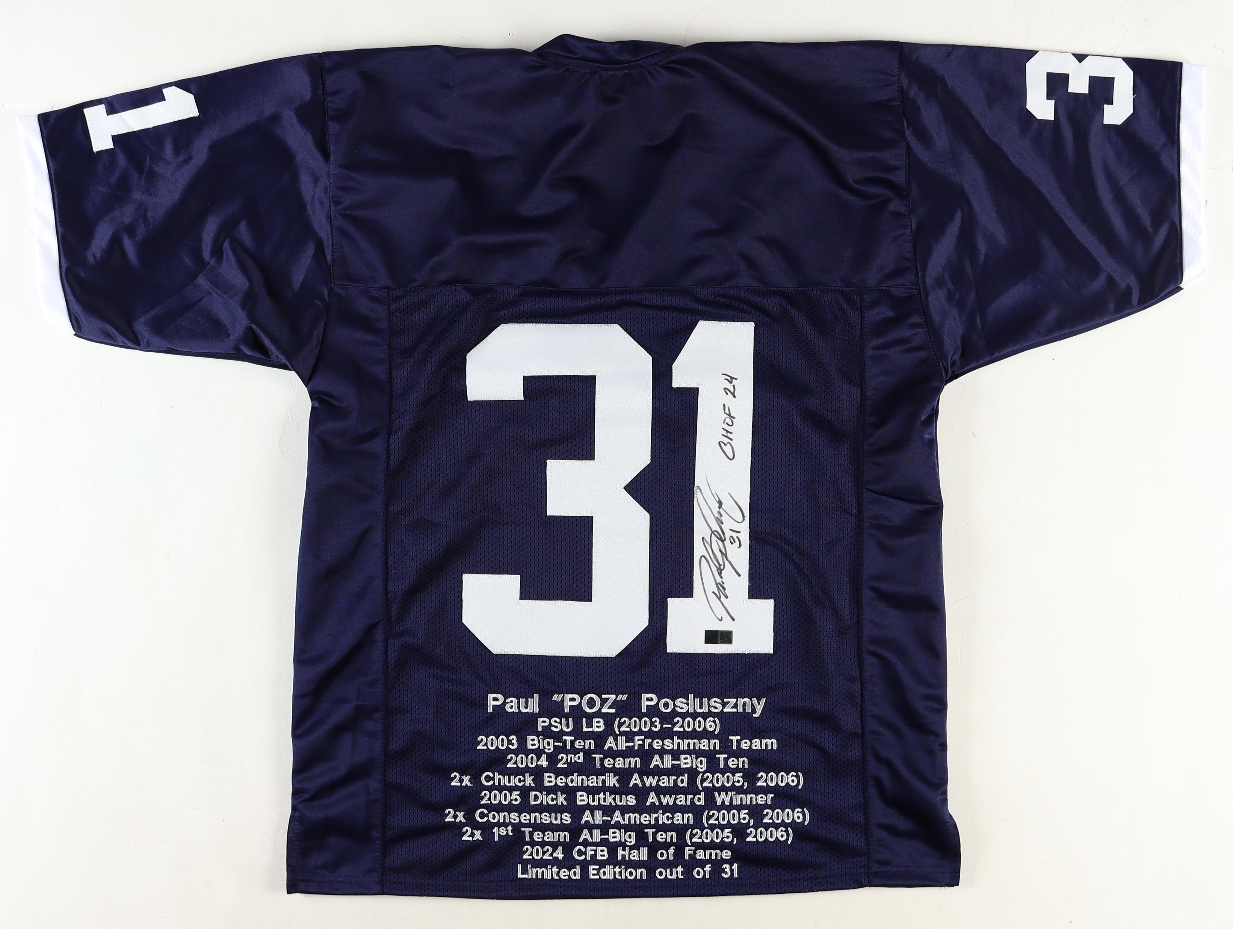 Paul Posluszny Signed Career Highlight Stat Jersey Inscribed "CHOF 24" (TSE) at PristineAuction.com Paul Posluszny Signed Career Highlight Stat Jersey Inscribed "CHOF 24" (TSE) at PristineAuction.com