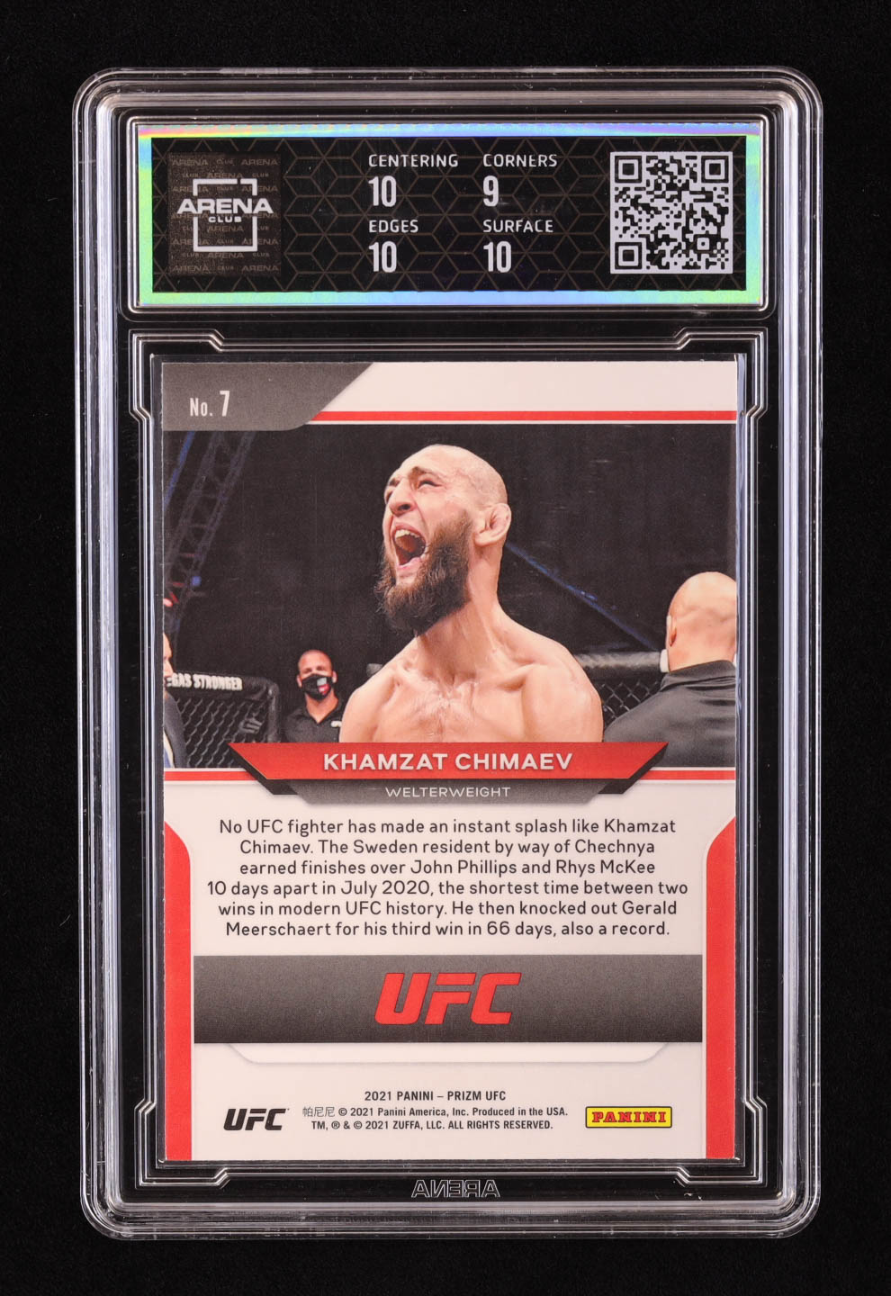 Khamzat Chimaev 2021 Panini Prizm UFC #7 RC (Arena 9.5) at PristineAuction.com Khamzat Chimaev 2021 Panini Prizm UFC #7 RC (Arena 9.5) at PristineAuction.com