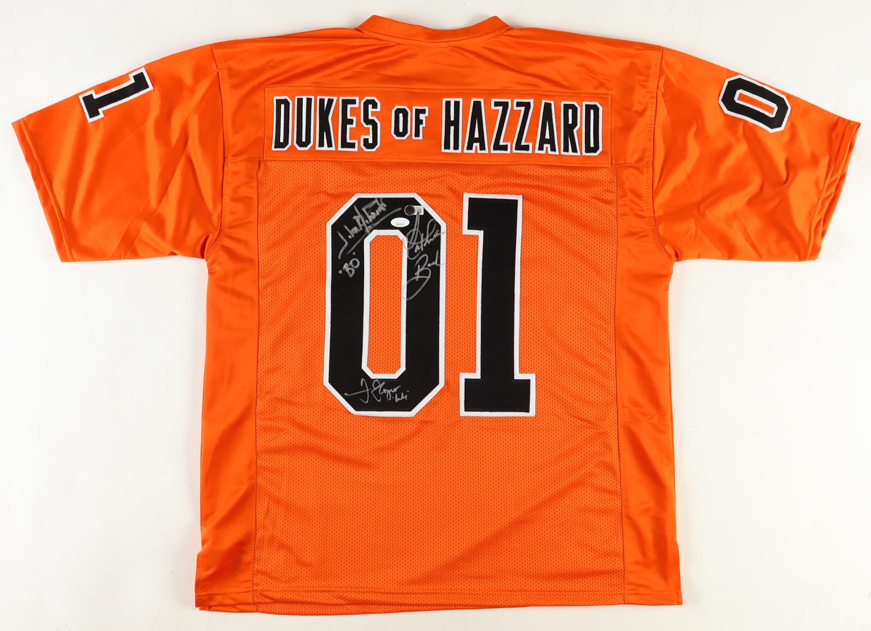 John Schneider, Catherine Bach & Tom Wopat Signed "The Dukes of Hazzard" Jersey Inscribed "Bo" & "Luke" (JSA & Beckett) at PristineAuction.com John Schneider, Catherine Bach & Tom Wopat Signed "The Dukes of Hazzard" Jersey Inscribed "Bo" & "Luke" (JSA & Beckett) at PristineAuction.com