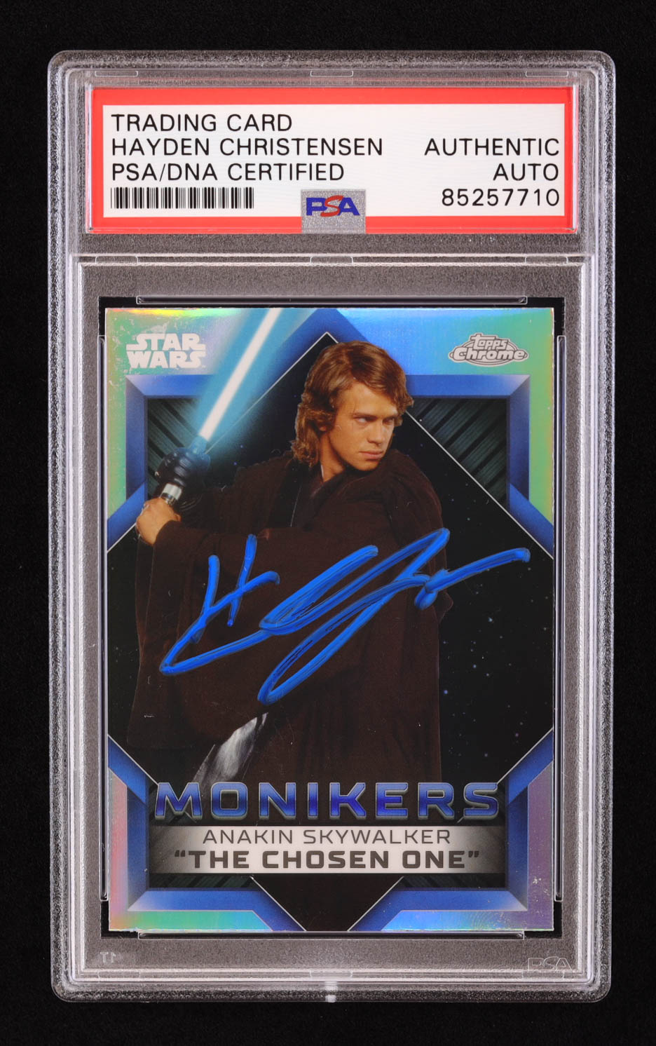 Hayden Christensen Signed 2023 Topps Chrome Star Wars Monikers #M13 Anakin Skywalker - The Chosen One (PSA) at PristineAuction.com Hayden Christensen Signed 2023 Topps Chrome Star Wars Monikers #M13 Anakin Skywalker - The Chosen One (PSA) at PristineAuction.com