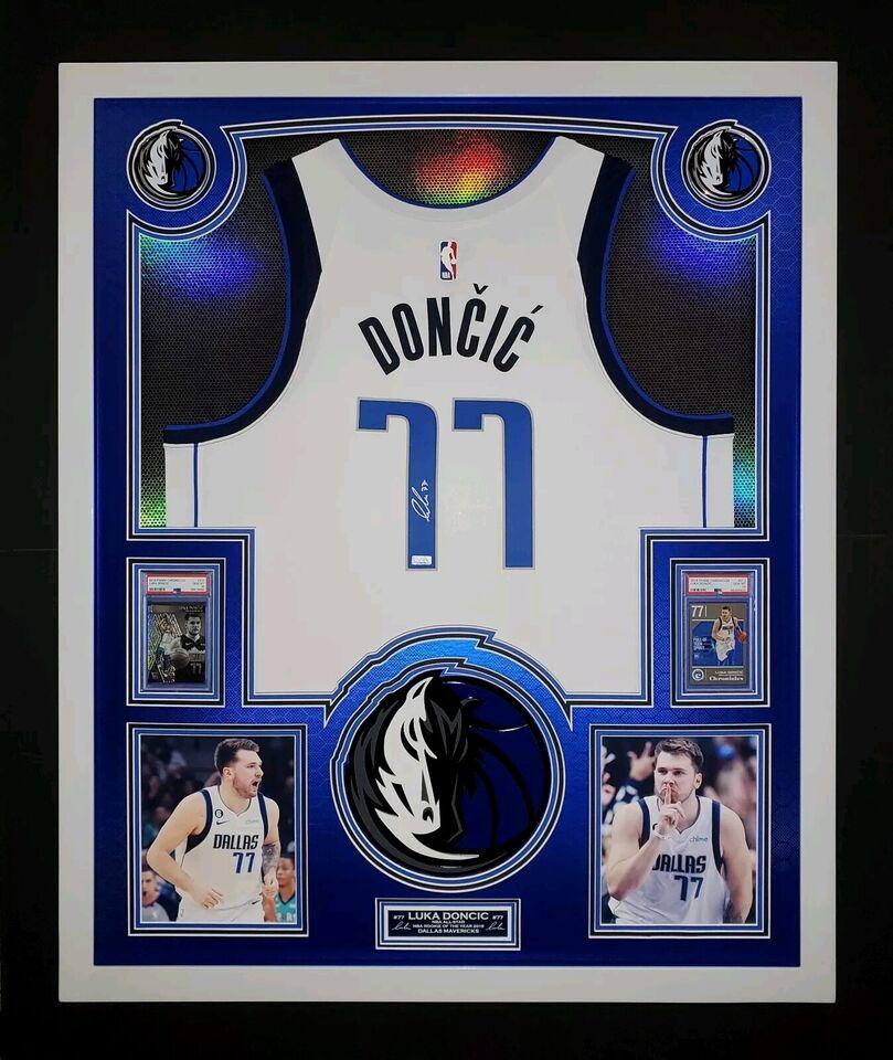 Luka Doncic Signed Mavericks Custom Framed LED Backlit Nike Jersey Display & (2) PSA 10 Graded Rookie Cards (Panini) at PristineAuction.com Luka Doncic Signed Mavericks Custom Framed LED Backlit Nike Jersey Display & (2) PSA 10 Graded Rookie Cards (Panini) at PristineAuction.com
