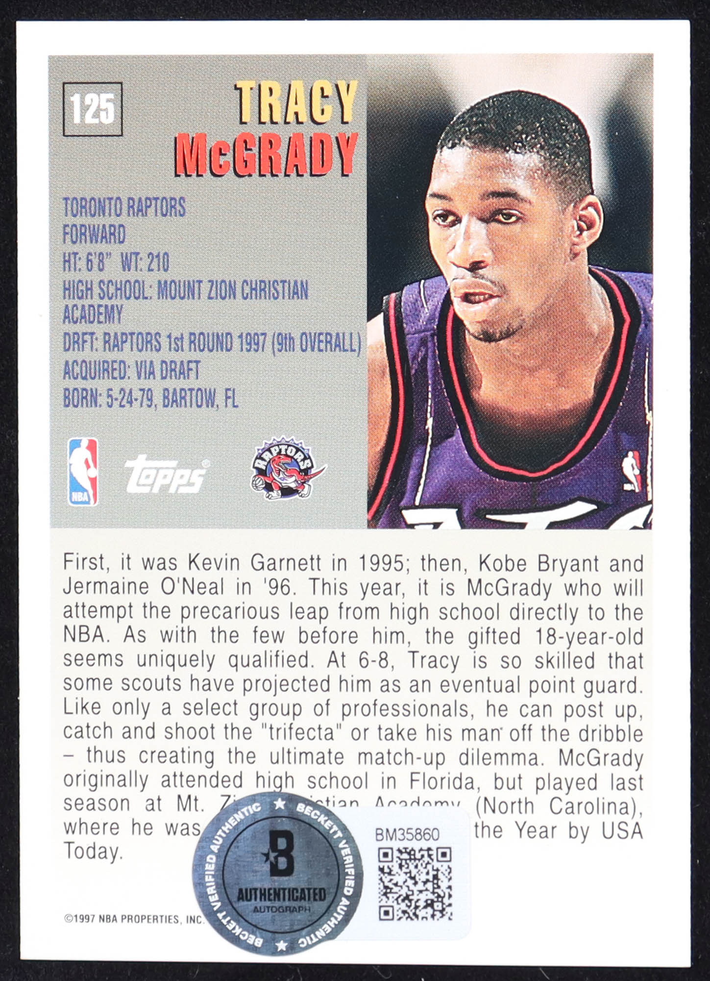 Tracy McGrady Signed 1997-98 Topps #125 RC (Beckett) at PristineAuction.com Tracy McGrady Signed 1997-98 Topps #125 RC (Beckett) at PristineAuction.com
