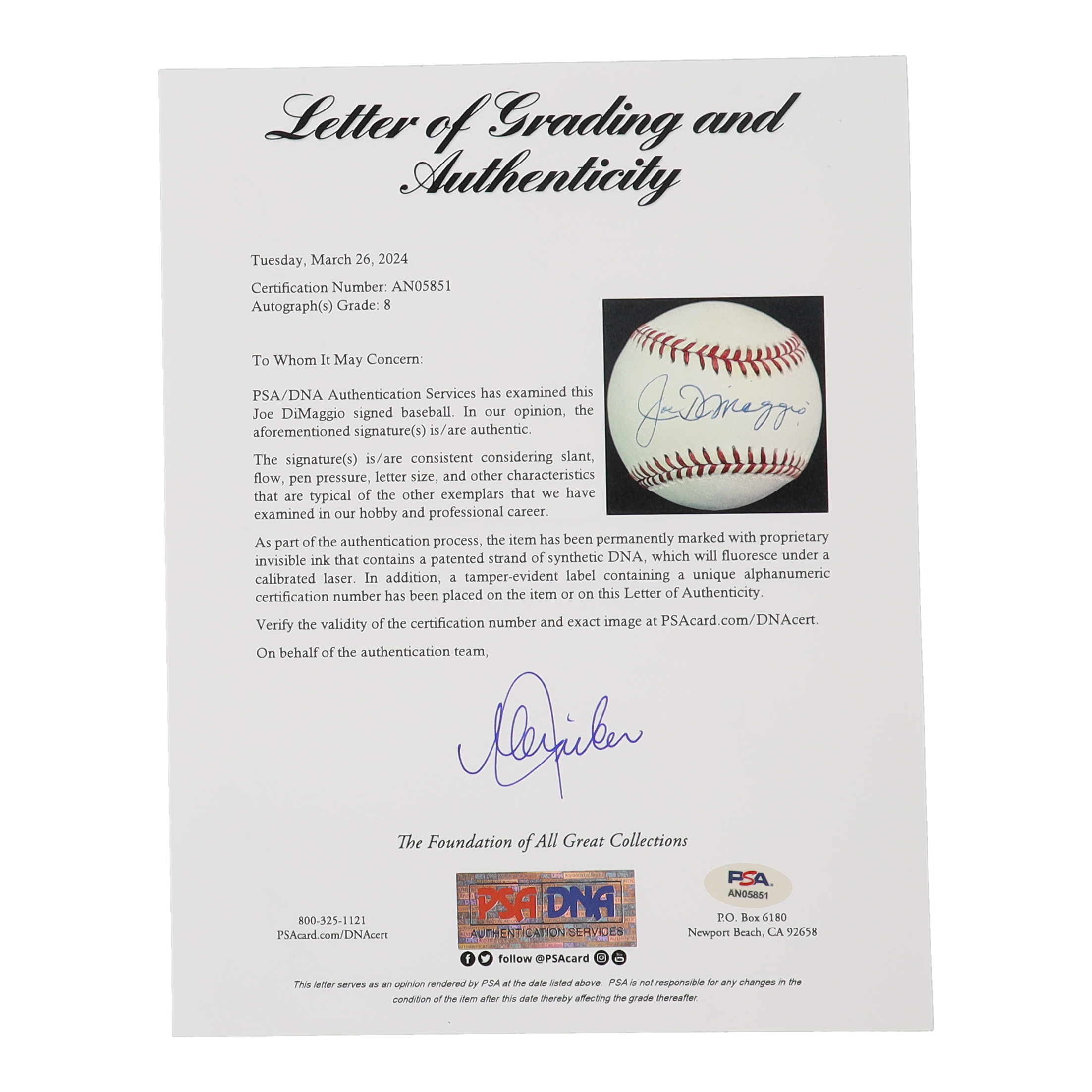 Joe DiMaggio Signed OAL Baseball (PSA | Autograph Grade 8) at PristineAuction.com Joe DiMaggio Signed OAL Baseball (PSA | Autograph Grade 8) at PristineAuction.com
