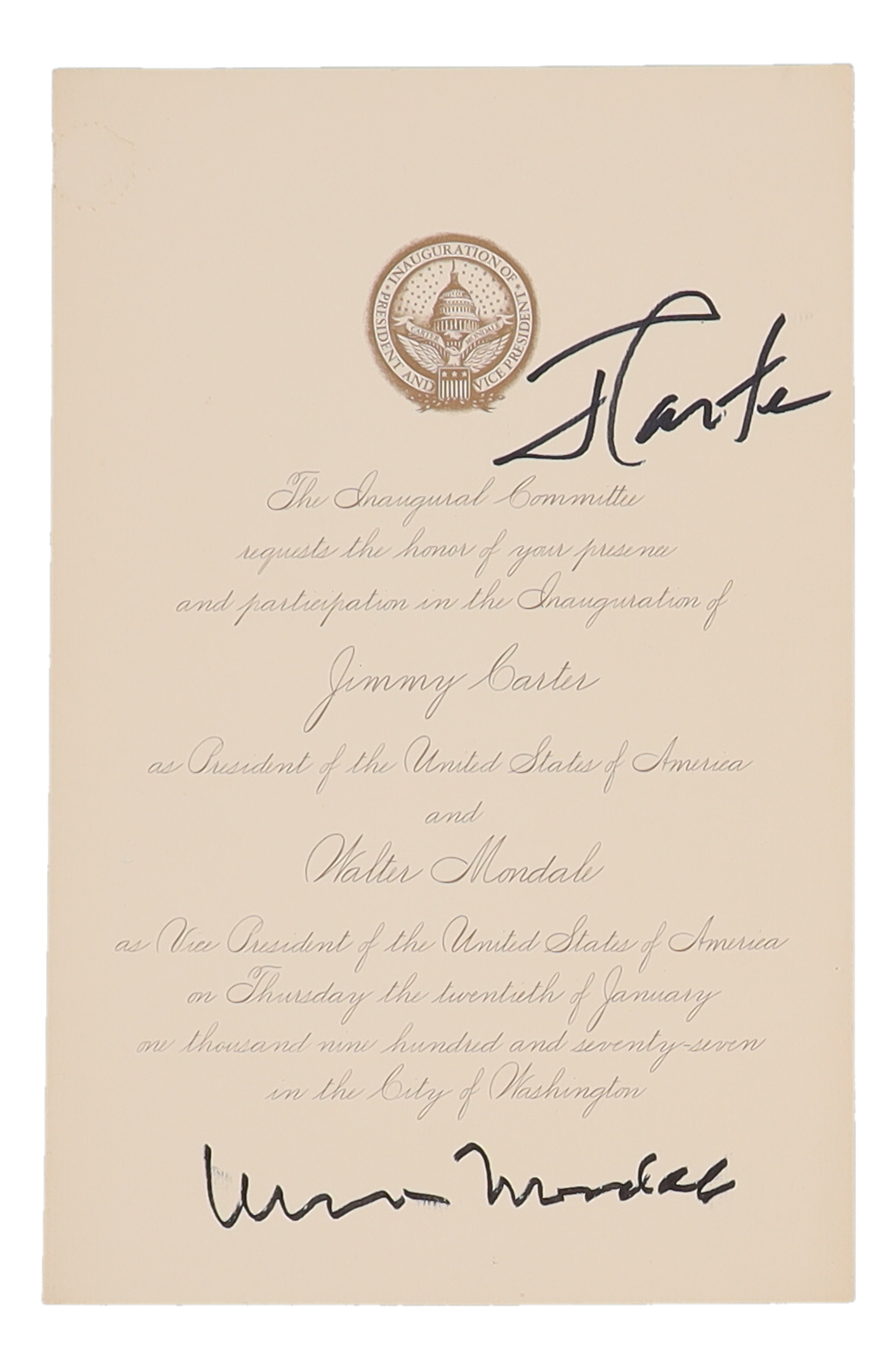 Walter Mondale & Jimmy Carter Signed 1977 Inauguration Invitation (Beckett) at PristineAuction.com Walter Mondale & Jimmy Carter Signed 1977 Inauguration Invitation (Beckett) at PristineAuction.com