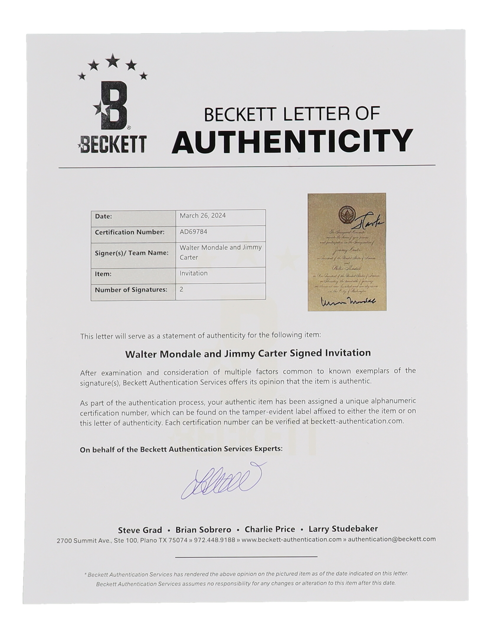 Walter Mondale & Jimmy Carter Signed 1977 Inauguration Invitation (Beckett) at PristineAuction.com Walter Mondale & Jimmy Carter Signed 1977 Inauguration Invitation (Beckett) at PristineAuction.com