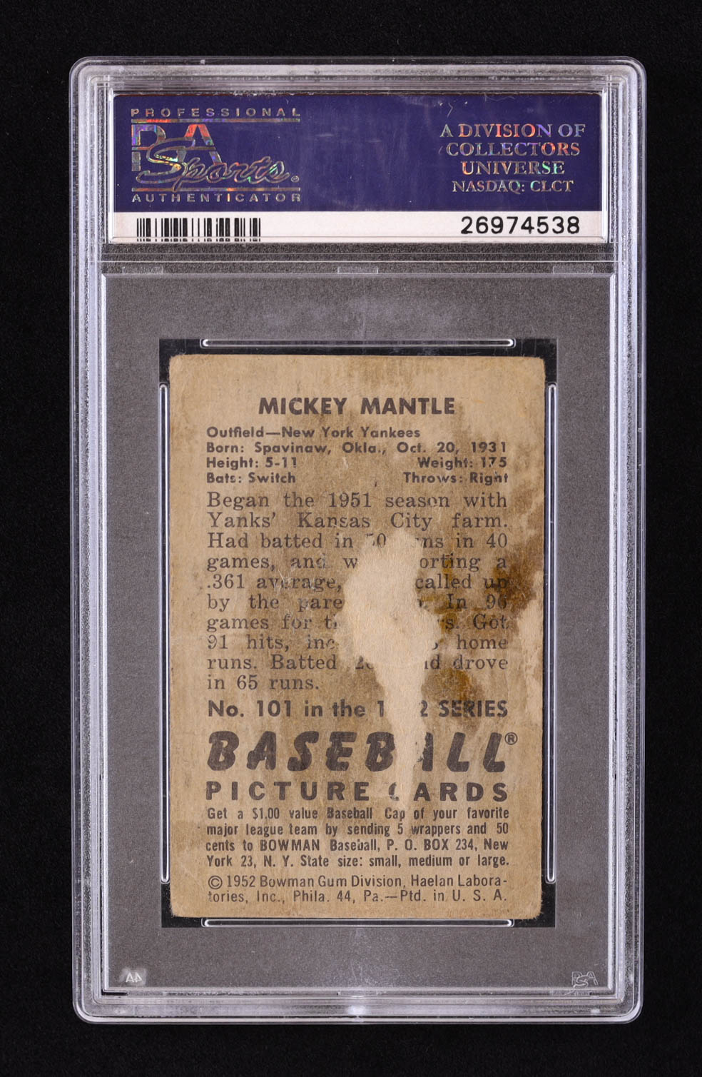 Mickey Mantle 1952 Bowman #101 (PSA 1) at PristineAuction.com Mickey Mantle 1952 Bowman #101 (PSA 1) at PristineAuction.com