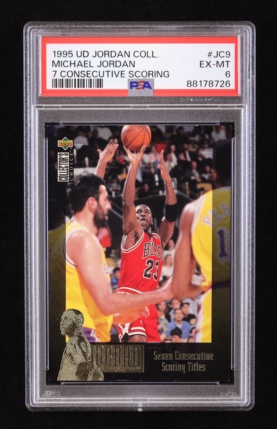 Michael Jordan 1995-96 Collector's Choice Jordan Collection #JC9 7 Consecutive Scoring Titles (PSA 6) at PristineAuction.com Michael Jordan 1995-96 Collector's Choice Jordan Collection #JC9 7 Consecutive Scoring Titles (PSA 6) at PristineAuction.com