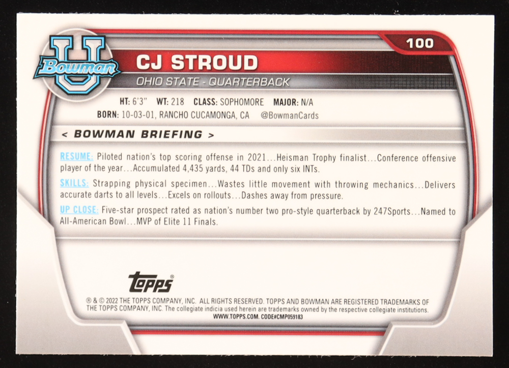 CJ Stroud 2022 Bowman Chrome University #100 RC at PristineAuction.com CJ Stroud 2022 Bowman Chrome University #100 RC at PristineAuction.com