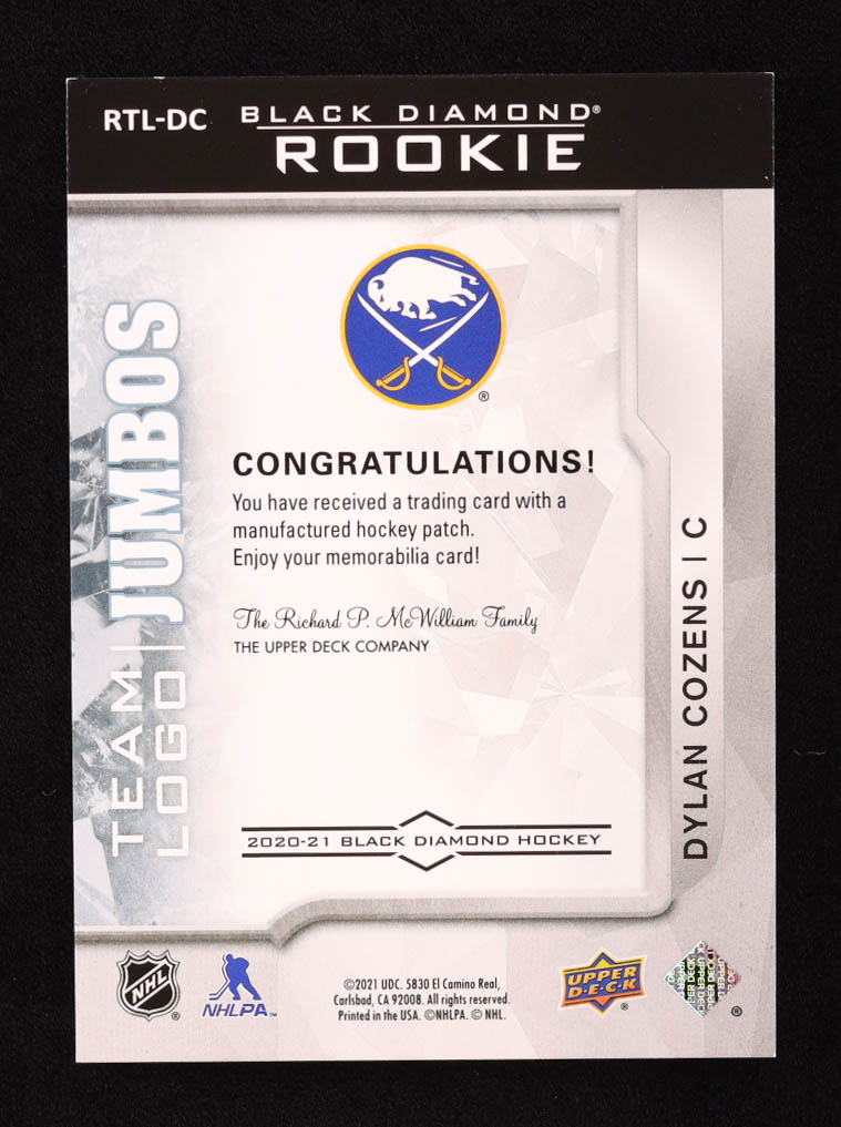 Dylan Cozens 2020-21 Black Diamond Rookie Team Logo Jumbo Puzzle Patches #RTLDC RC at PristineAuction.com Dylan Cozens 2020-21 Black Diamond Rookie Team Logo Jumbo Puzzle Patches #RTLDC RC at PristineAuction.com