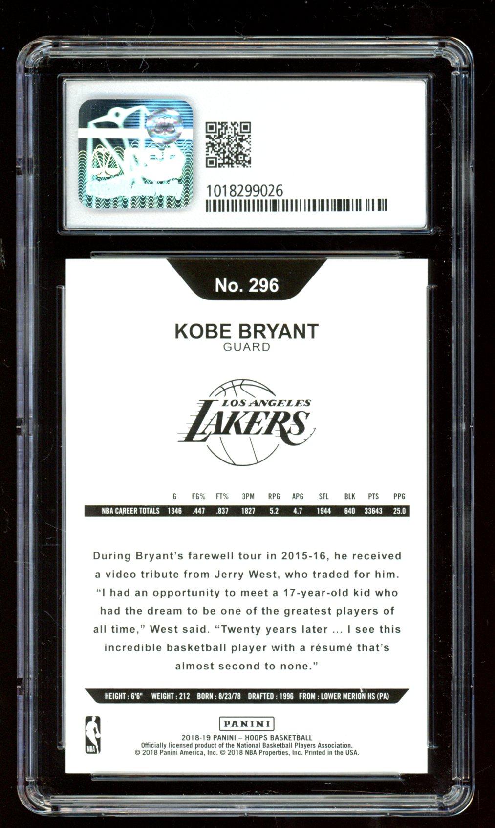 Kobe Bryant 2018-19 Panini Hoops #296 (CSG 9.5) at PristineAuction.com Kobe Bryant 2018-19 Panini Hoops #296 (CSG 9.5) at PristineAuction.com