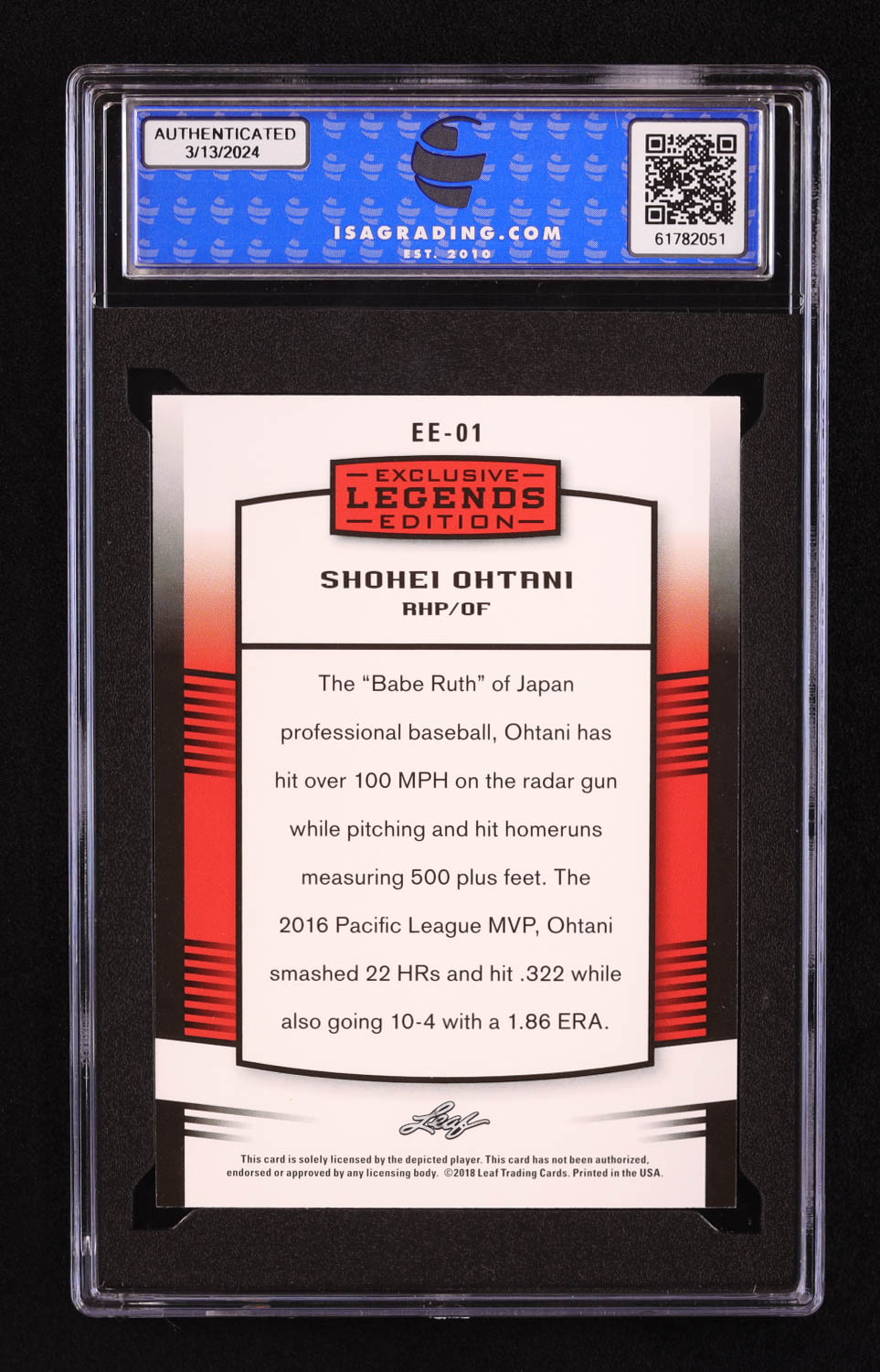 Shohei Ohtani 2018 Leaf Ohtani Legends Exclusive Edition #EE01 RC (ISA 10) at PristineAuction.com Shohei Ohtani 2018 Leaf Ohtani Legends Exclusive Edition #EE01 RC (ISA 10) at PristineAuction.com