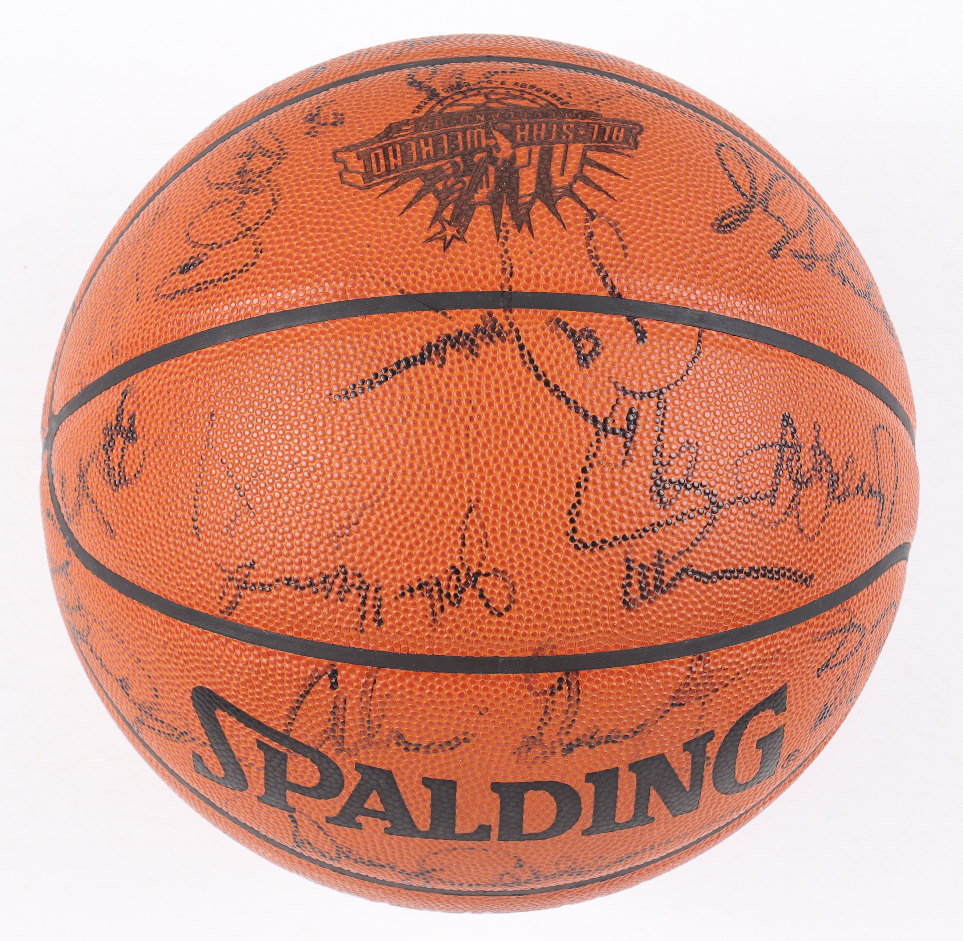 Michael Jordan, John Stockton, Karl Malone, Hakeem Olajuwon, Kevin Garnett | 1997 NBA All-Star Game Basketball Signed By (27) (JSA LOA) at PristineAuction.com Michael Jordan, John Stockton, Karl Malone, Hakeem Olajuwon, Kevin Garnett | 1997 NBA All-Star Game Basketball Signed By (27) (JSA LOA) at PristineAuction.com