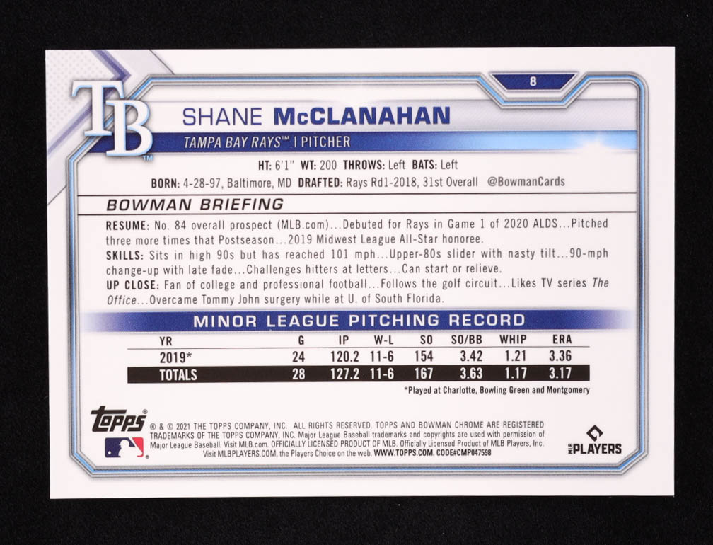 Shane McClanahan 2021 Bowman Chrome Gold Refractors #8 #33/50 RC at PristineAuction.com Shane McClanahan 2021 Bowman Chrome Gold Refractors #8 #33/50 RC at PristineAuction.com