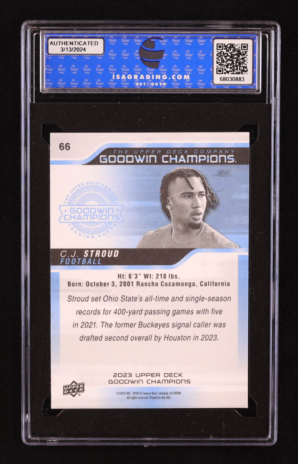 C.J. Stroud 2023 Upper Deck Goodwin Champions #66 RC (ISA 10) at PristineAuction.com C.J. Stroud 2023 Upper Deck Goodwin Champions #66 RC (ISA 10) at PristineAuction.com