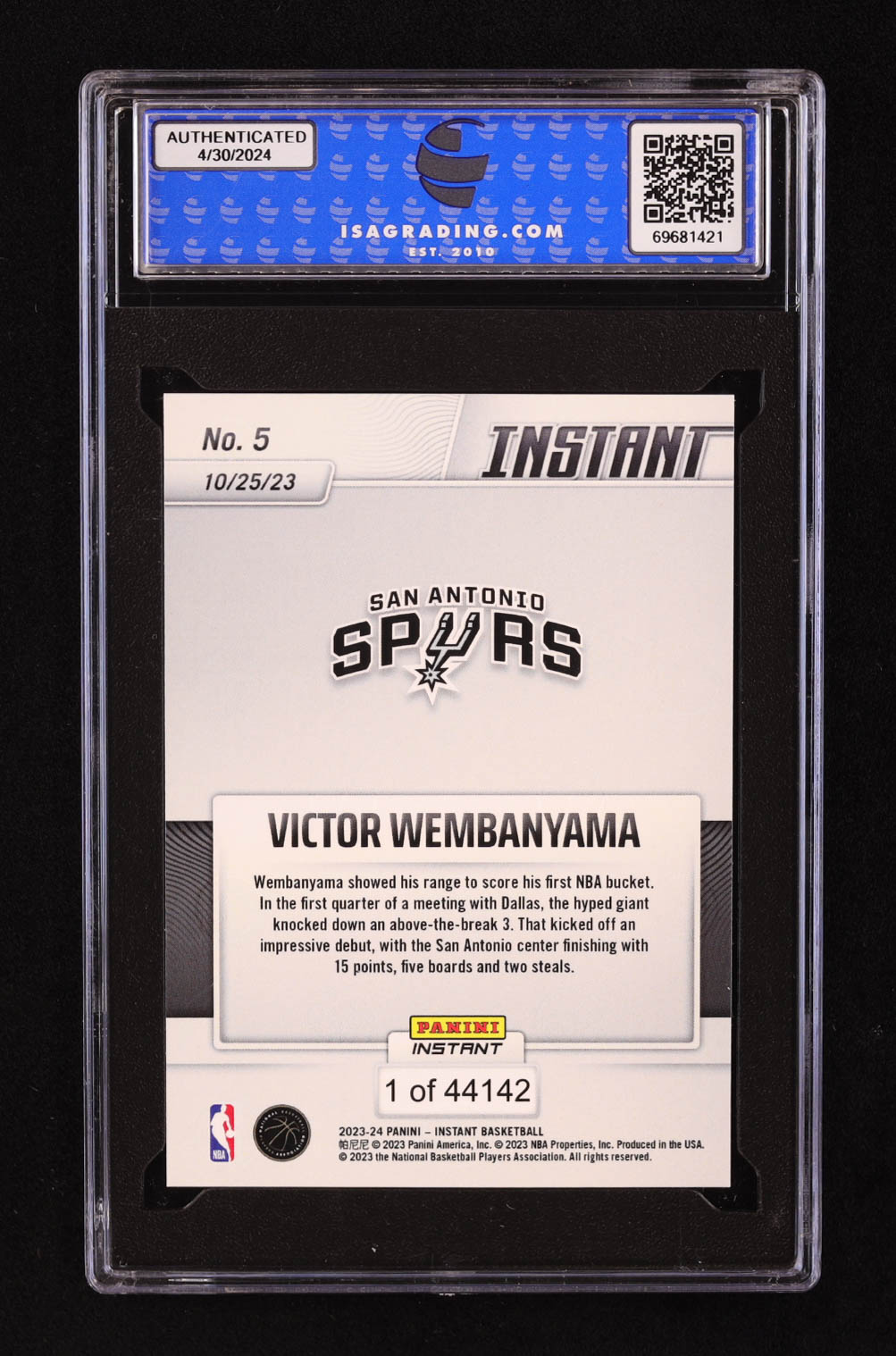 Victor Wembanyama 2023-24 Panini Instant #5 RC (ISA 9) at PristineAuction.com Victor Wembanyama 2023-24 Panini Instant #5 RC (ISA 9) at PristineAuction.com