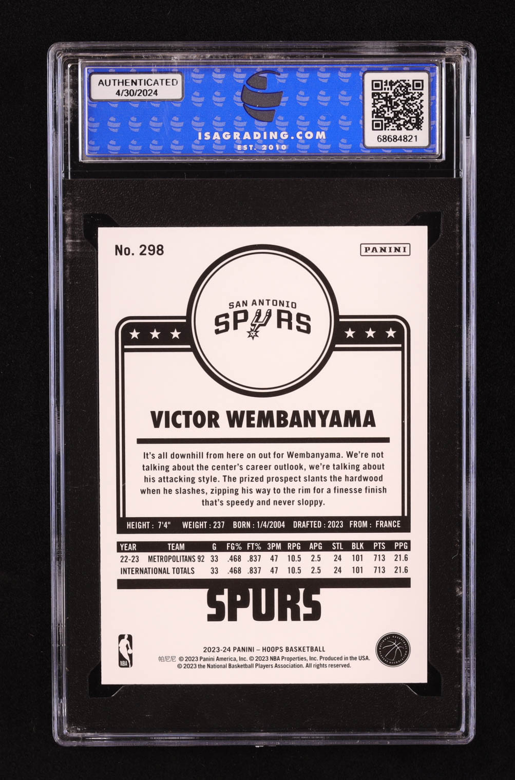 Victor Wembanyama 2023-24 Hoops #298 RC (ISA 10) at PristineAuction.com Victor Wembanyama 2023-24 Hoops #298 RC (ISA 10) at PristineAuction.com