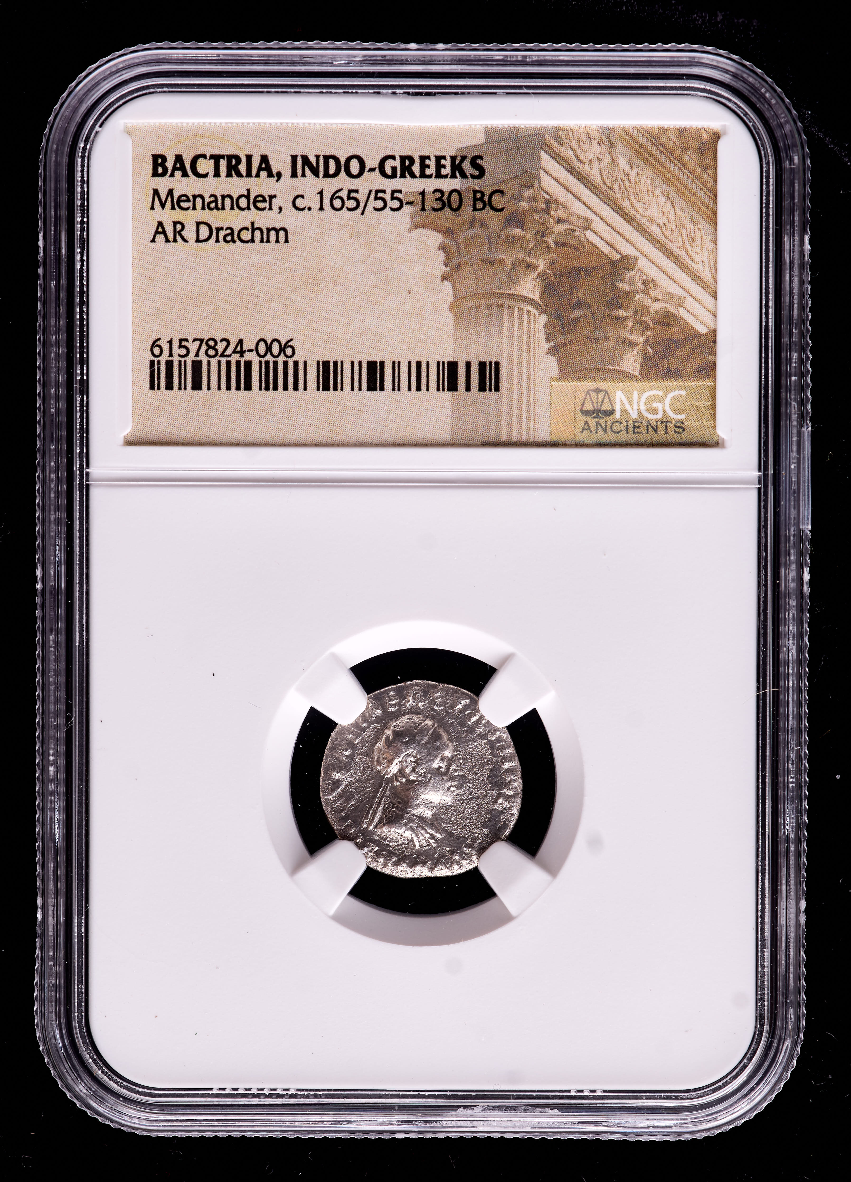 Menander (c.165/55-130 B.C.) Bactria, Indo-Greeks AR Drachm Ancient Silver Coin (NGC Encapsulated) at PristineAuction.com Menander (c.165/55-130 B.C.) Bactria, Indo-Greeks AR Drachm Ancient Silver Coin (NGC Encapsulated) at PristineAuction.com
