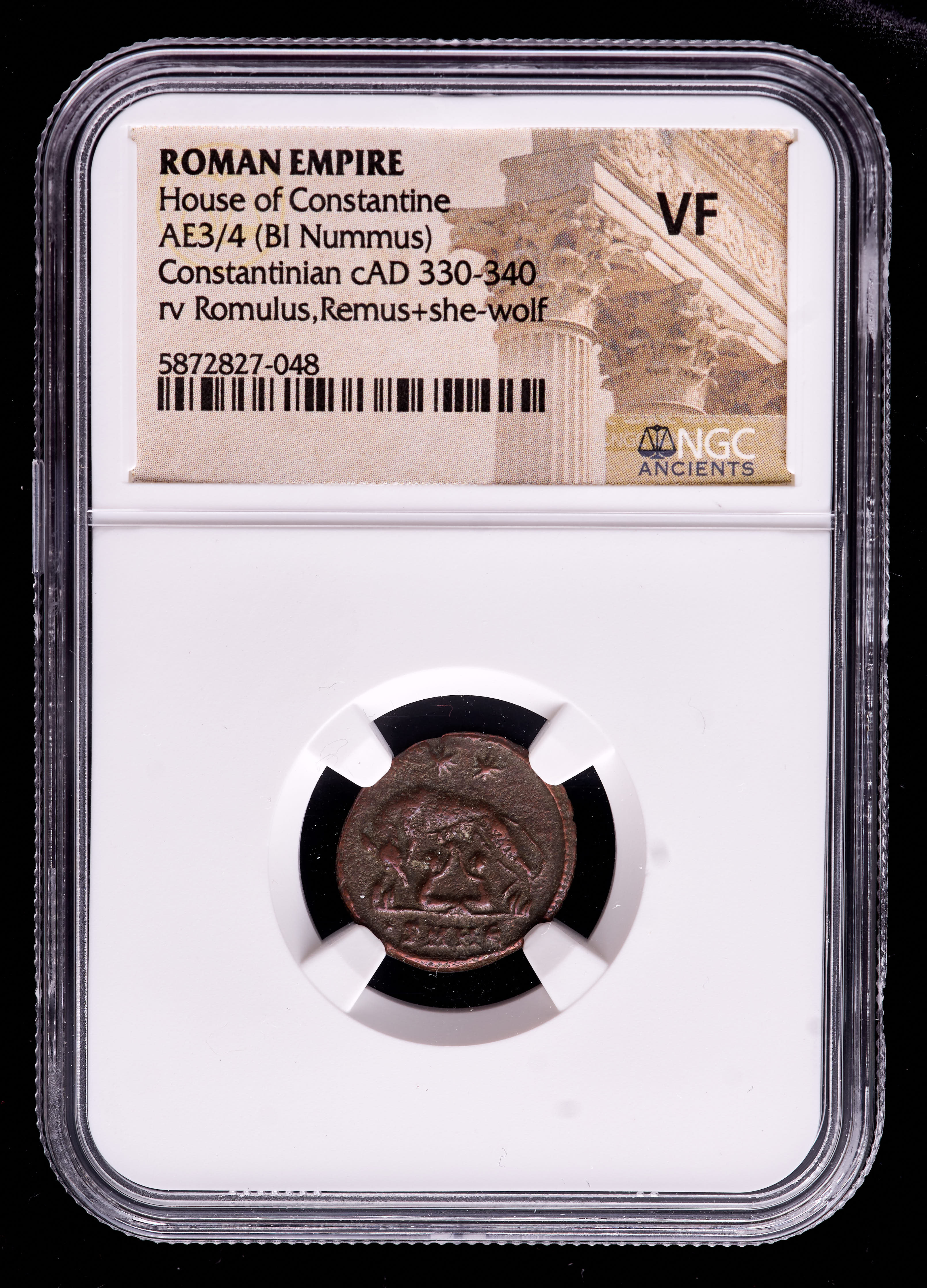 Constantinian (c.AD 330-340) Roman Empire House of Constantine AE3/4 (BI Nummus) Ancient Coin - Urbs Roma, She Wolf & Twins (NGC VF) at PristineAuction.com Constantinian (c.AD 330-340) Roman Empire House of Constantine AE3/4 (BI Nummus) Ancient Coin - Urbs Roma, She Wolf & Twins (NGC VF) at PristineAuction.com