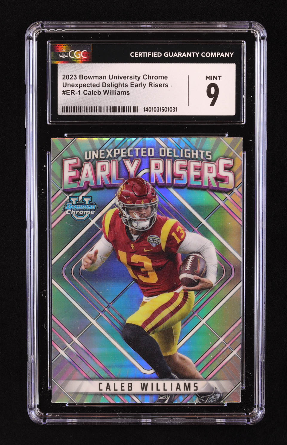 Caleb Williams 2023 Bowman Chrome University Unexpected Delights Early Risers #ER1 RC (CGC 9) at PristineAuction.com Caleb Williams 2023 Bowman Chrome University Unexpected Delights Early Risers #ER1 RC (CGC 9) at PristineAuction.com