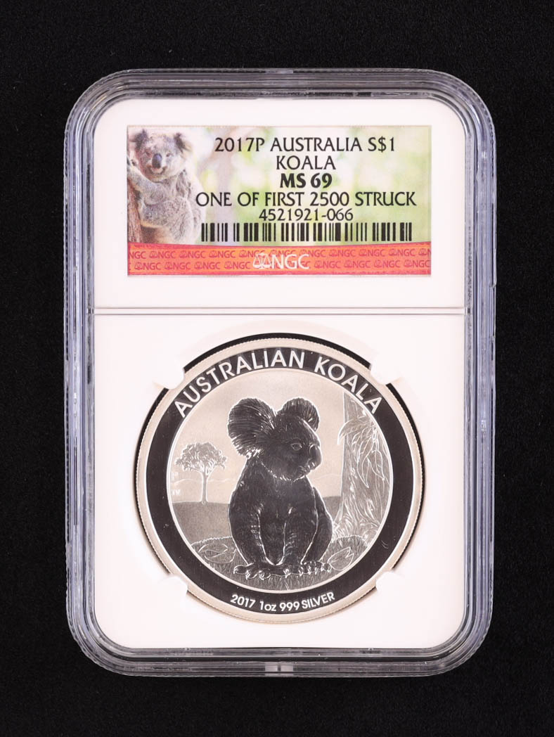 2017-P Australia Koala $1 - First 2500 Struck - 1oz. .999 Silver (NGC MS69) at PristineAuction.com 2017-P Australia Koala $1 - First 2500 Struck - 1oz. .999 Silver (NGC MS69) at PristineAuction.com