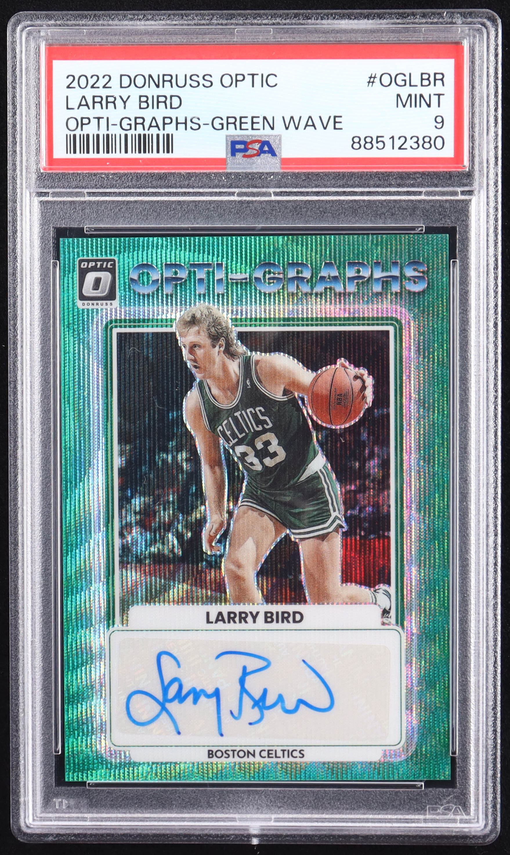 Larry Bird 2022-23 Donruss Optic Opti-Graphs Green Wave #24 (PSA 9) at PristineAuction.com Larry Bird 2022-23 Donruss Optic Opti-Graphs Green Wave #24 (PSA 9) at PristineAuction.com