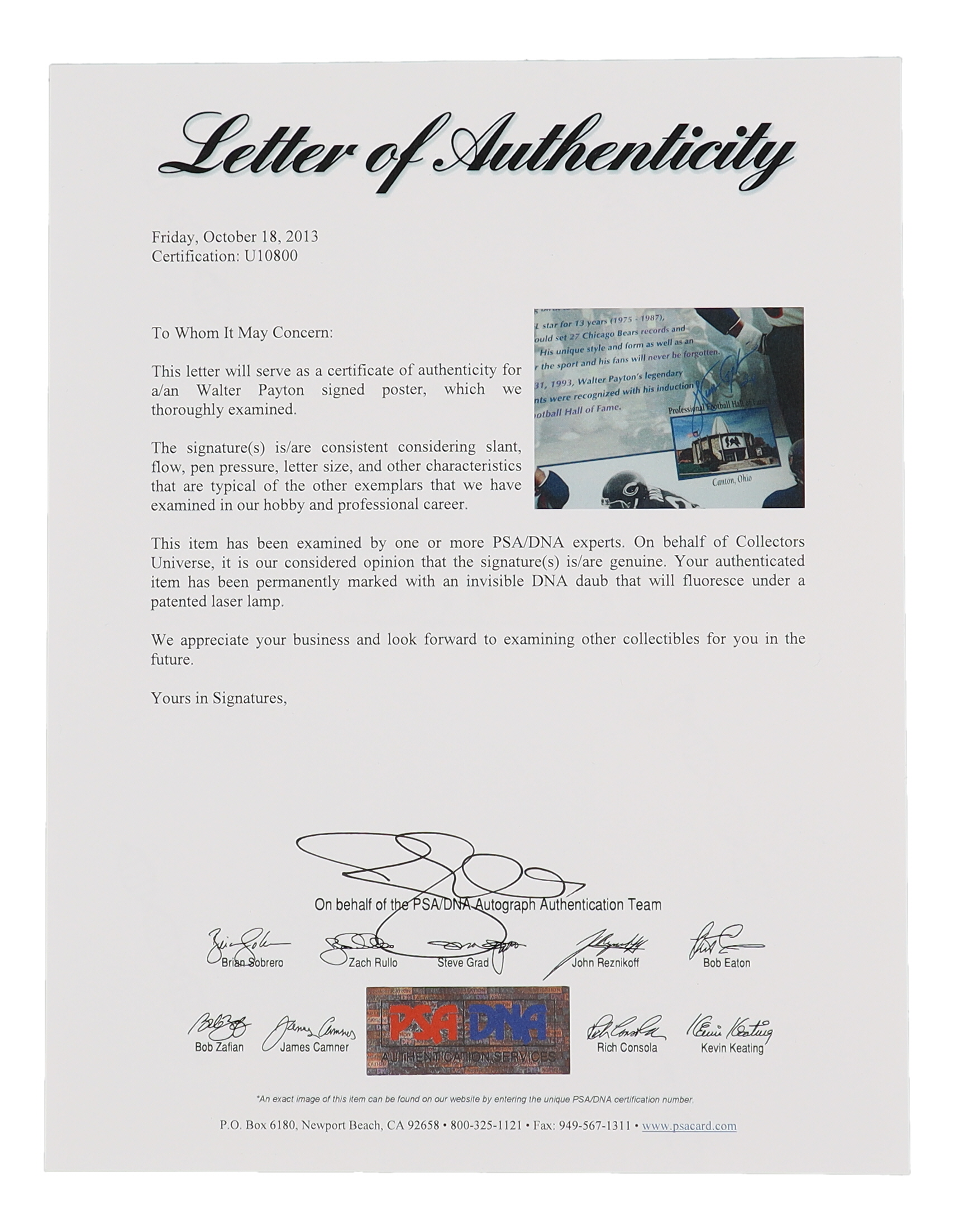 Walter Payton Signed Bears 16x20 Photo Poster (PSA & Fanatics) at PristineAuction.com Walter Payton Signed Bears 16x20 Photo Poster (PSA & Fanatics) at PristineAuction.com