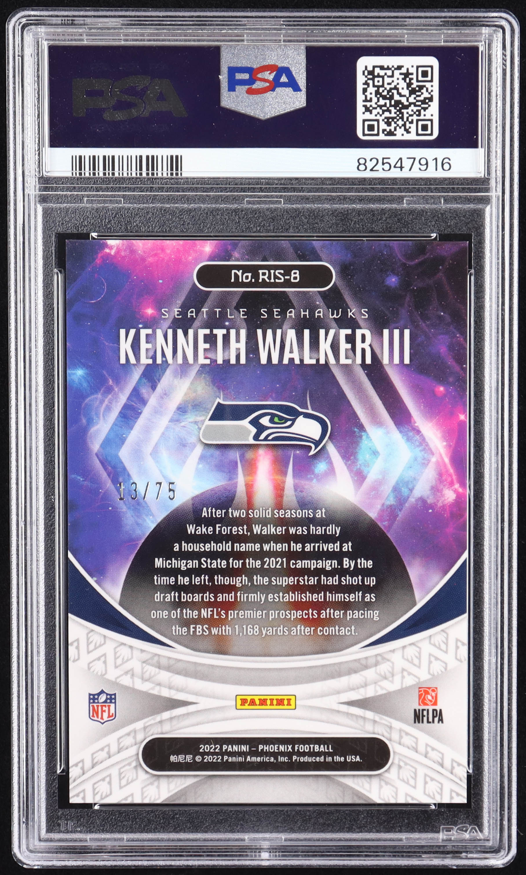 Kenneth Walker III 2022 Panini Phoenix Rookie Rising Yellow #8 RC #13/75 (PSA 10) at PristineAuction.com Kenneth Walker III 2022 Panini Phoenix Rookie Rising Yellow #8 RC #13/75 (PSA 10) at PristineAuction.com